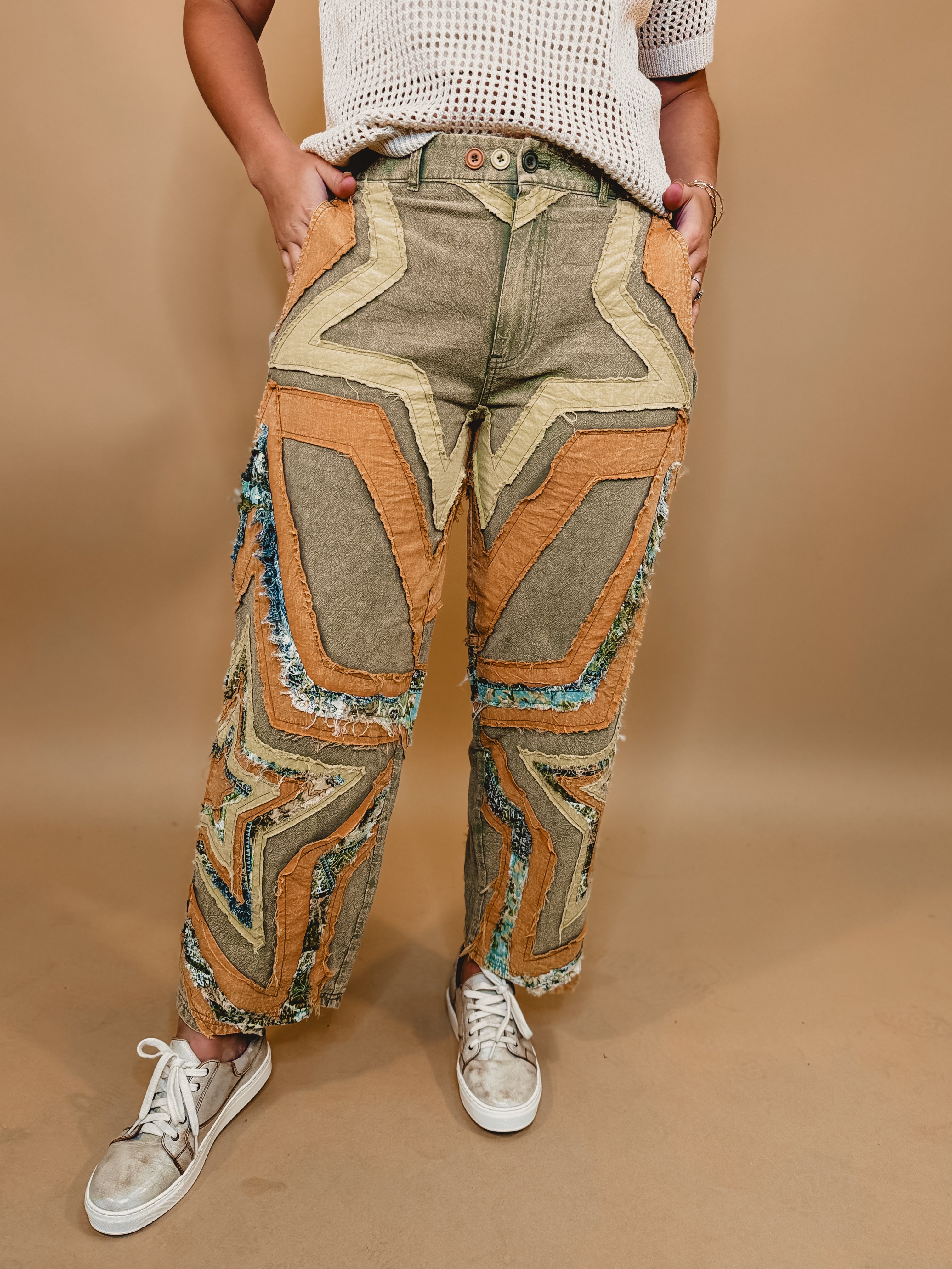 Oli & Hali Washed Star Patchwork Pants - Sage - Lace and Grace Boutique