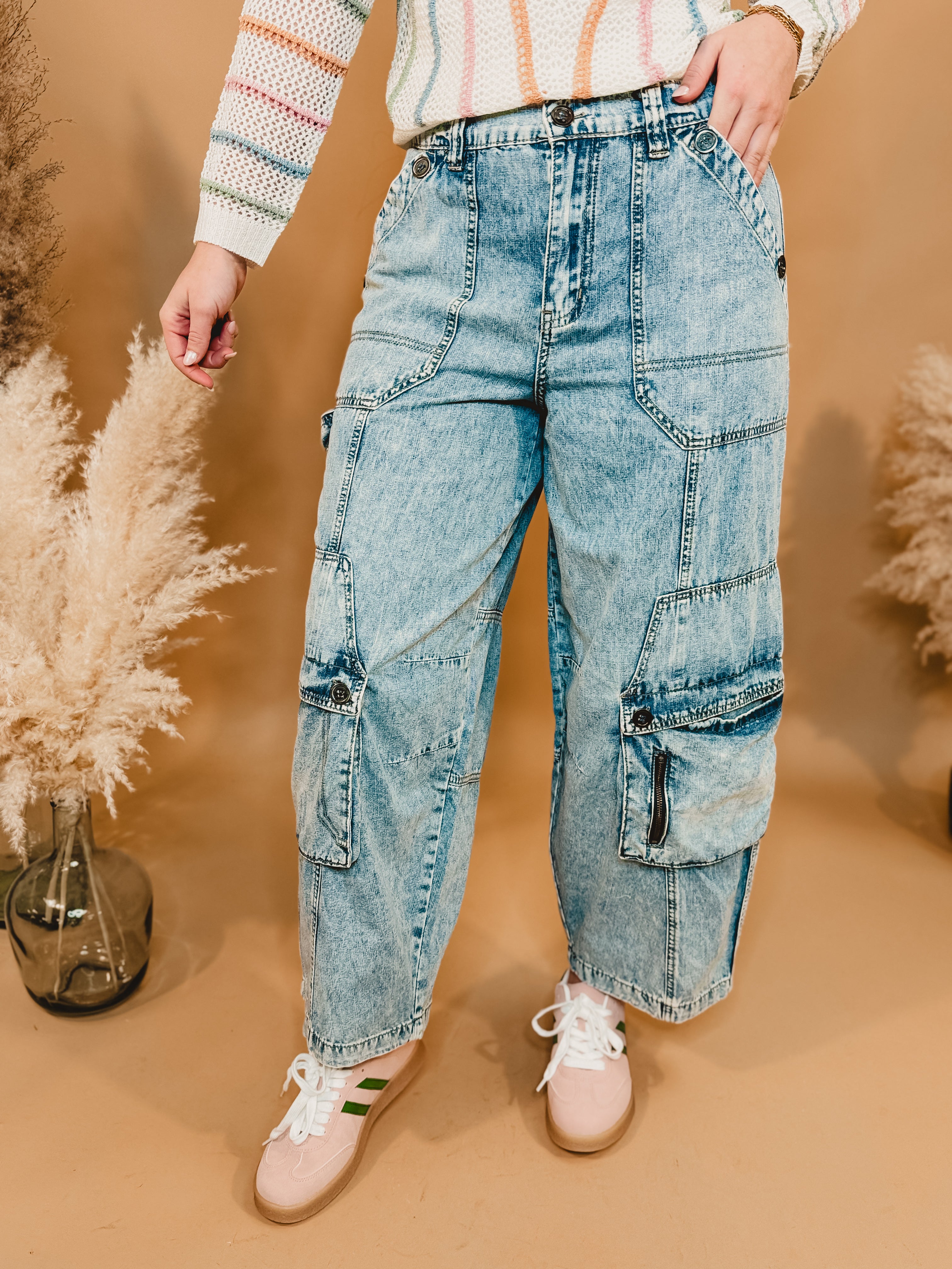 Oli & Hali Washed 3D Cargo Denim Pants - Lace and Grace Boutique