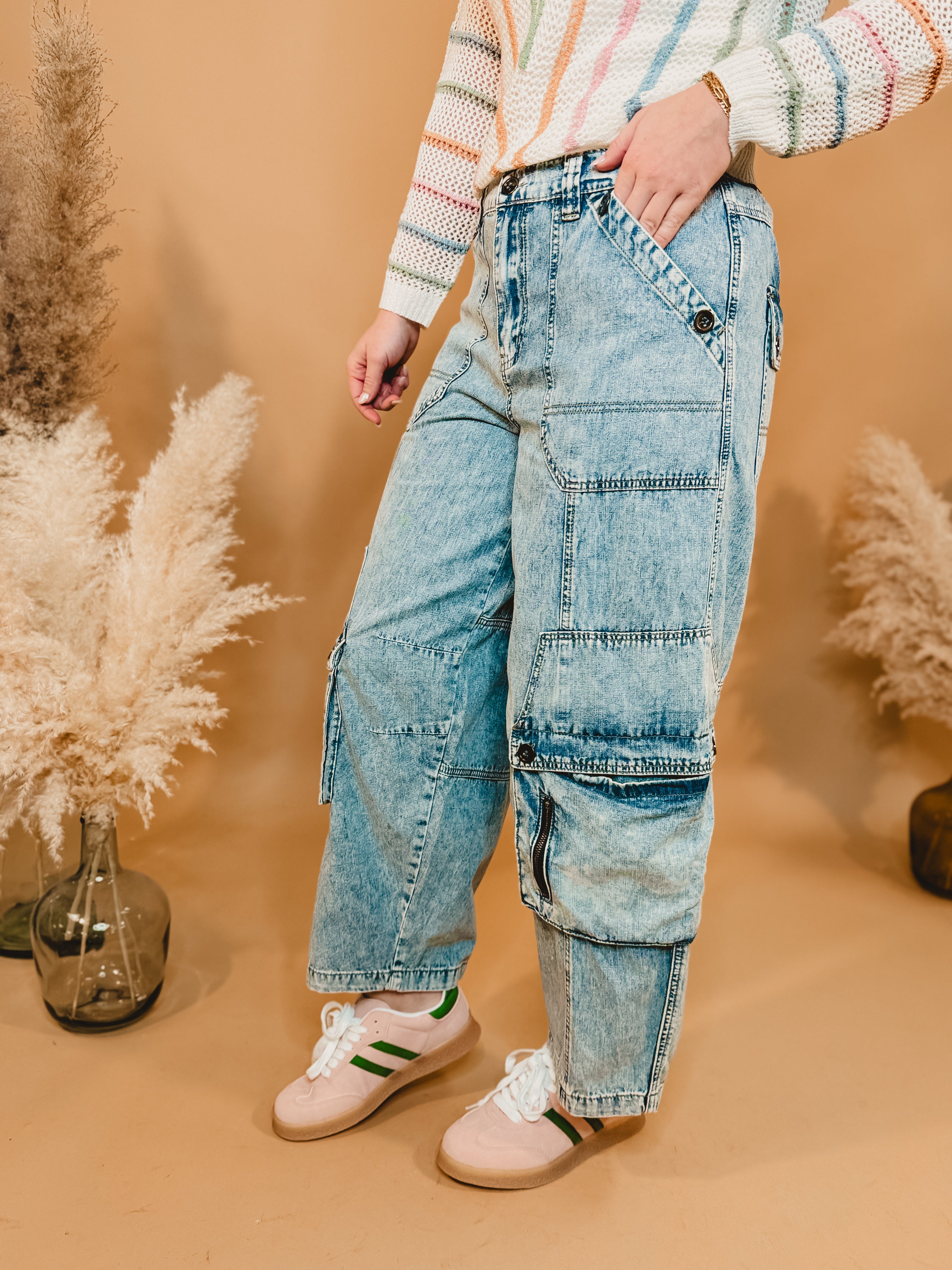 Oli & Hali Washed 3D Cargo Denim Pants - Lace and Grace Boutique