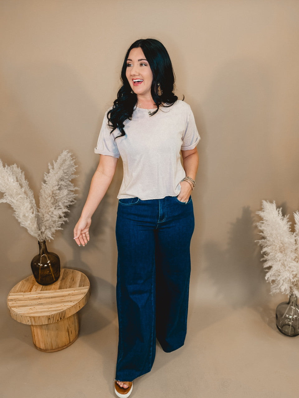 Jessie High Rise Wide Leg Palazzo Risen Jeans - Dark - Lace and Grace Boutique