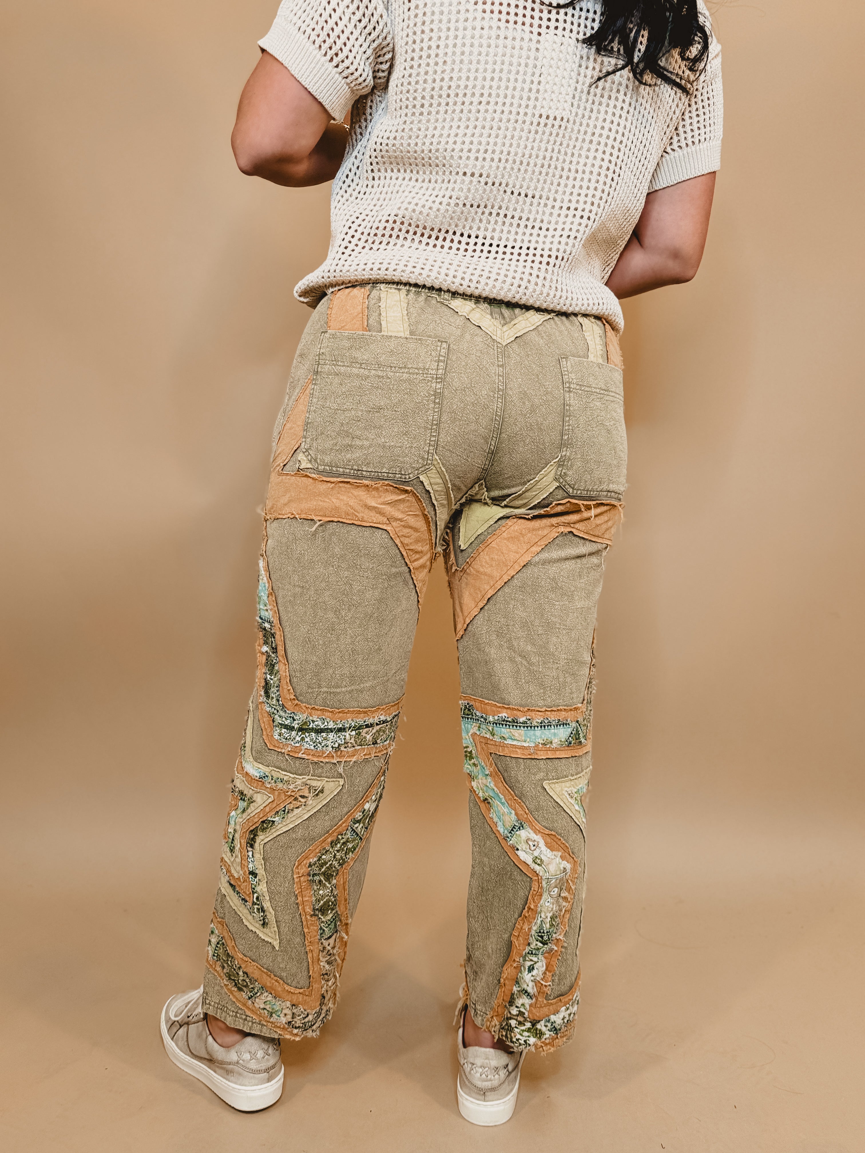 Oli & Hali Washed Star Patchwork Pants - Sage - Lace and Grace Boutique