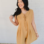 Tied Front Pleated Sleeveless Romper - Light Camel - Lace and Grace Boutique