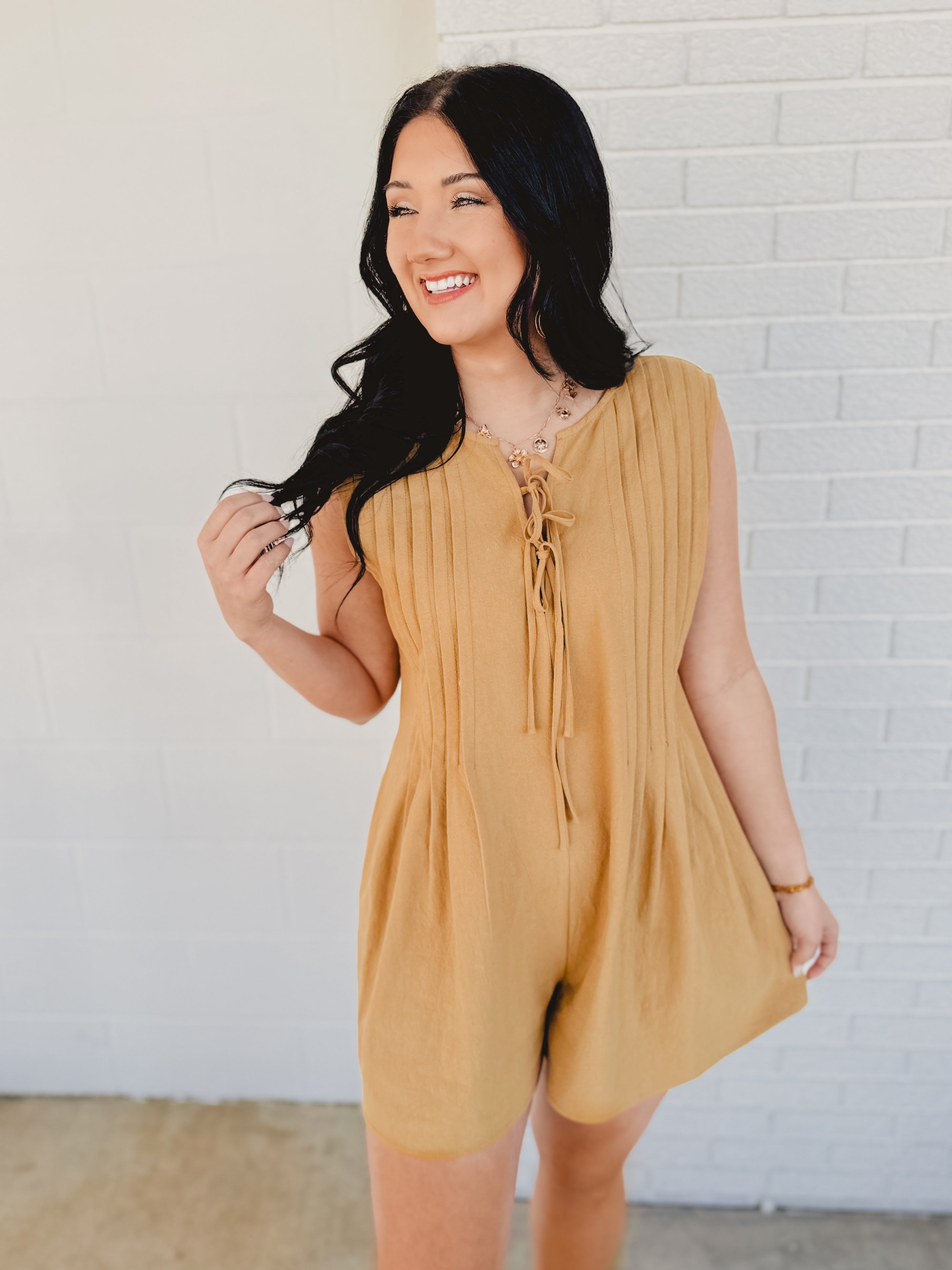 Tied Front Pleated Sleeveless Romper - Light Camel - Lace and Grace Boutique