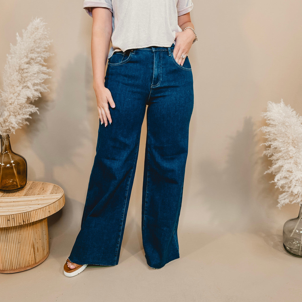 Jessie High Rise Wide Leg Palazzo Risen Jeans - Dark - Lace and Grace Boutique
