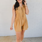 Tied Front Pleated Sleeveless Romper - Light Camel - Lace and Grace Boutique