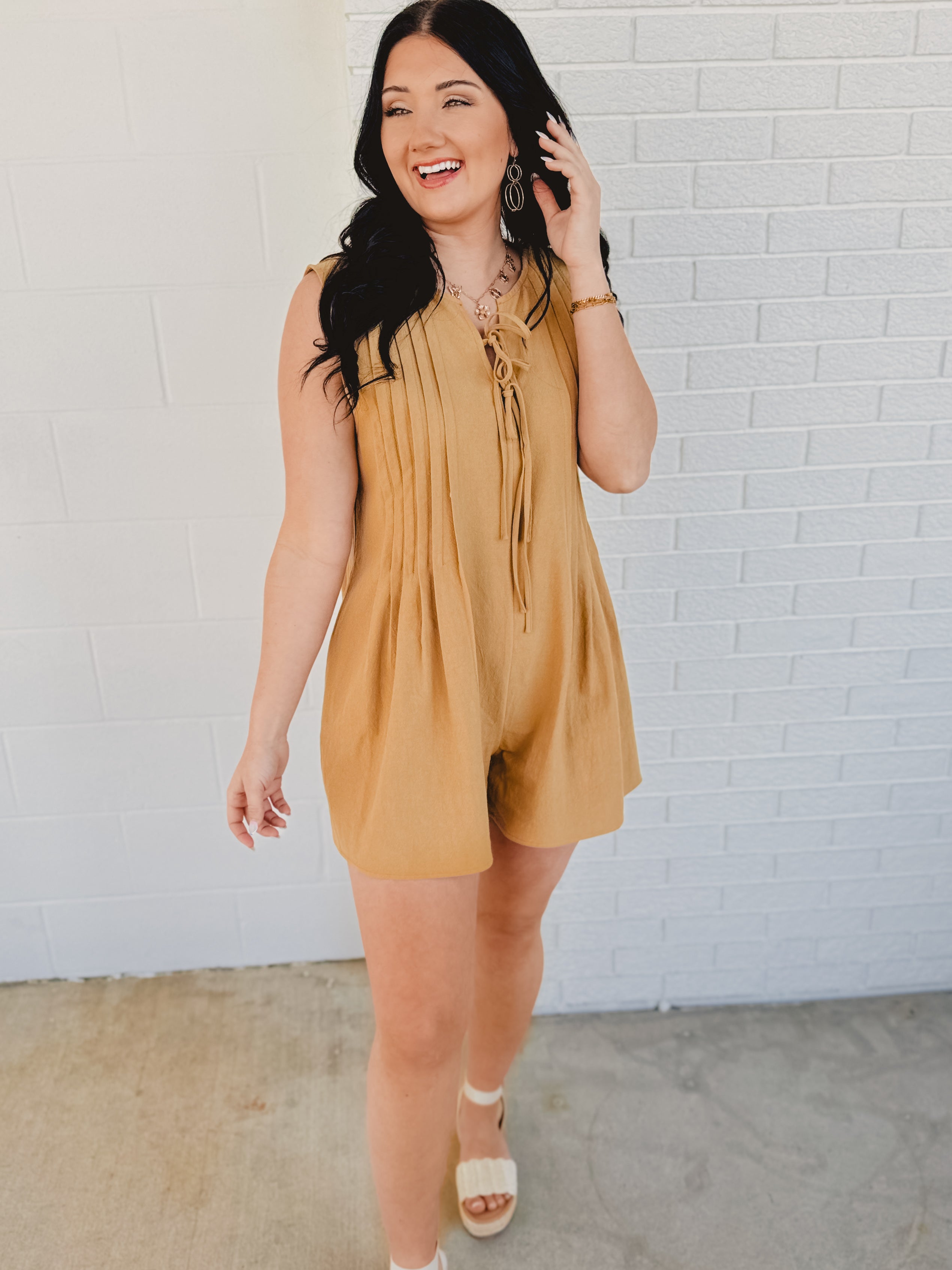 Tied Front Pleated Sleeveless Romper - Light Camel - Lace and Grace Boutique