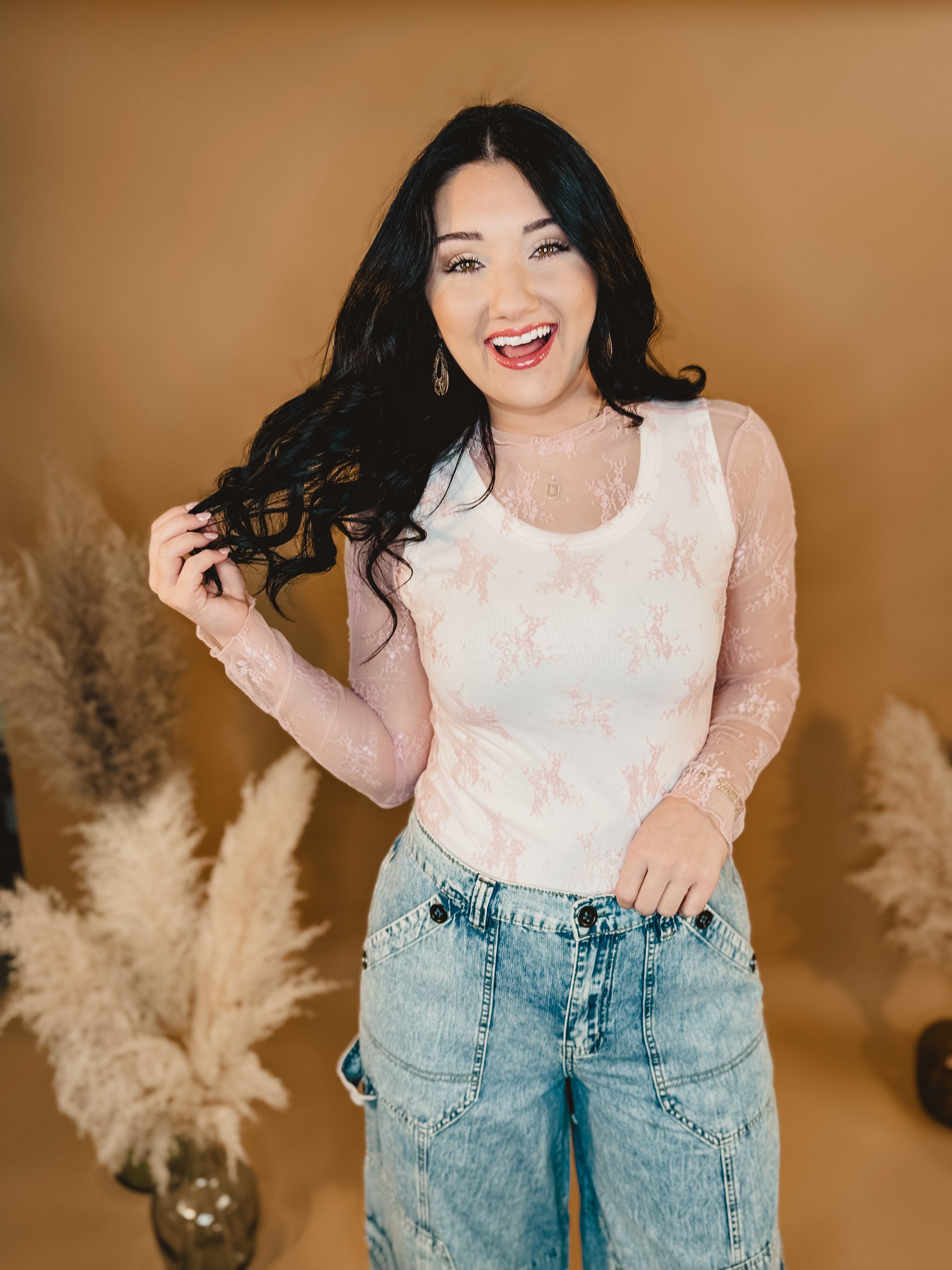 Mesh Lace High Neck Long Sleeve Top - Pink - Lace and Grace Boutique