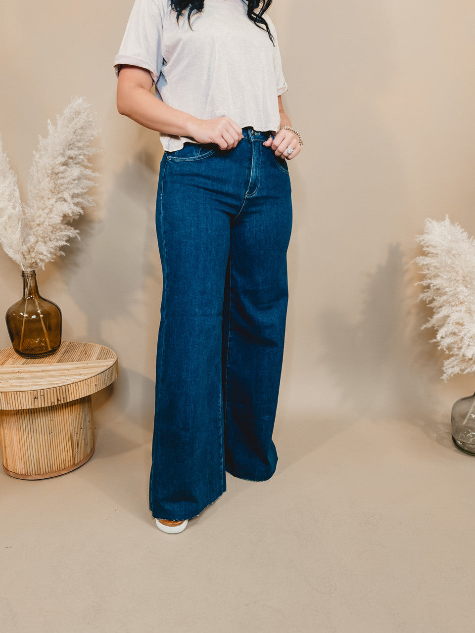 Jessie High Rise Wide Leg Palazzo Risen Jeans - Dark - Lace and Grace Boutique