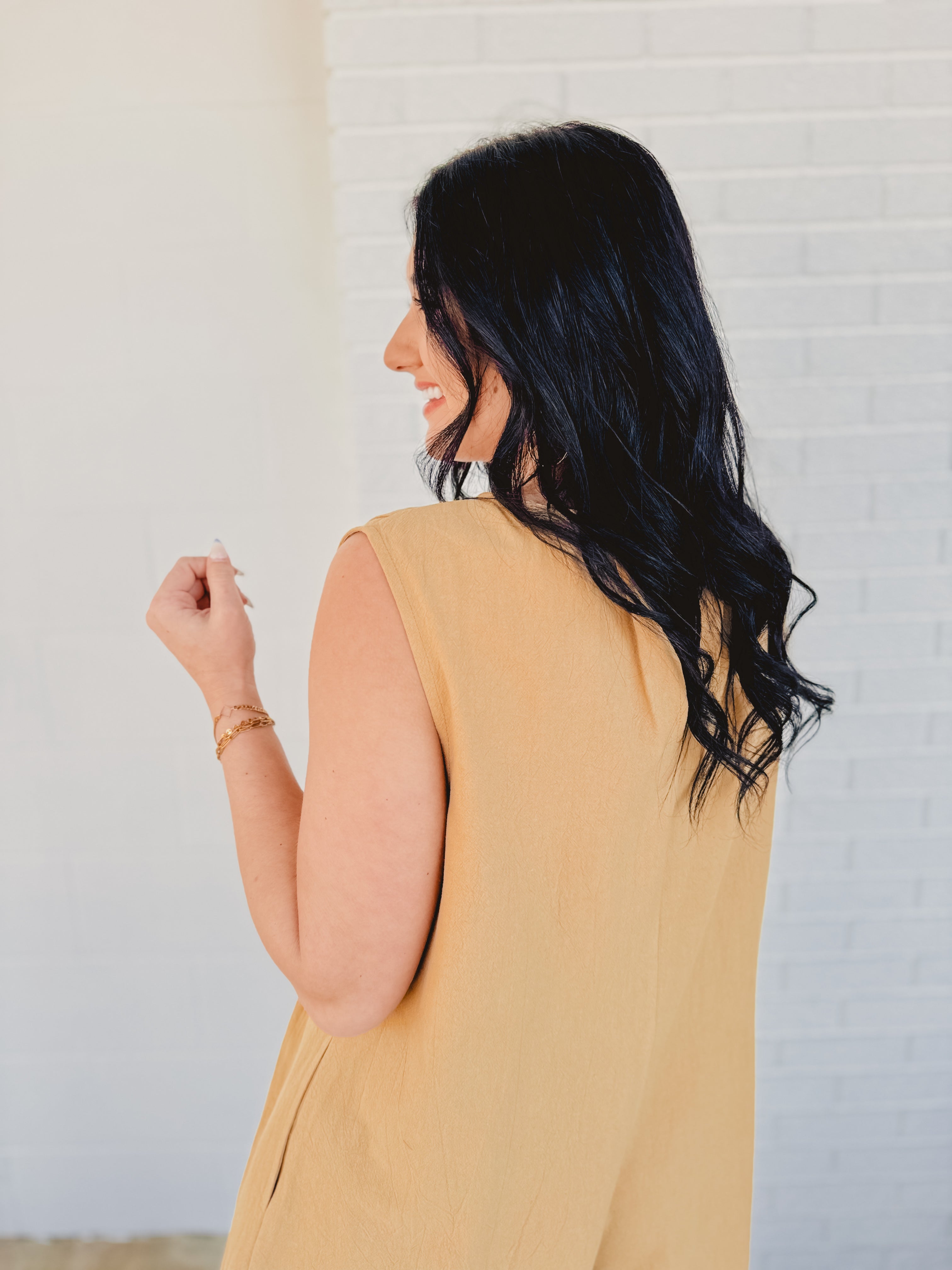 Tied Front Pleated Sleeveless Romper - Light Camel - Lace and Grace Boutique