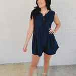 Tied Front Pleated Sleeveless Romper - Navy - Lace and Grace Boutique