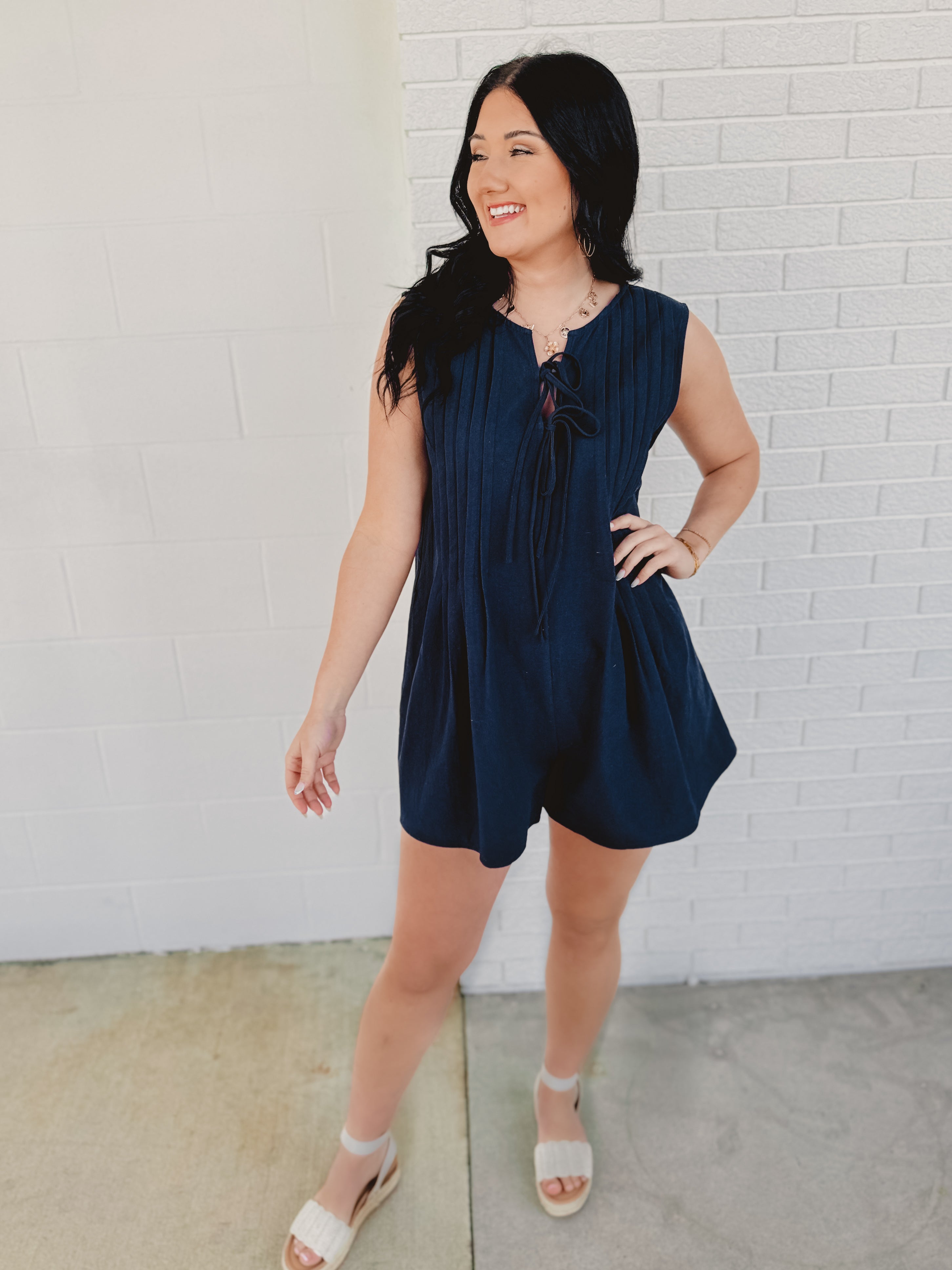 Tied Front Pleated Sleeveless Romper - Navy - Lace and Grace Boutique