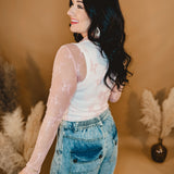 Mesh Lace High Neck Long Sleeve Top - Pink - Lace and Grace Boutique