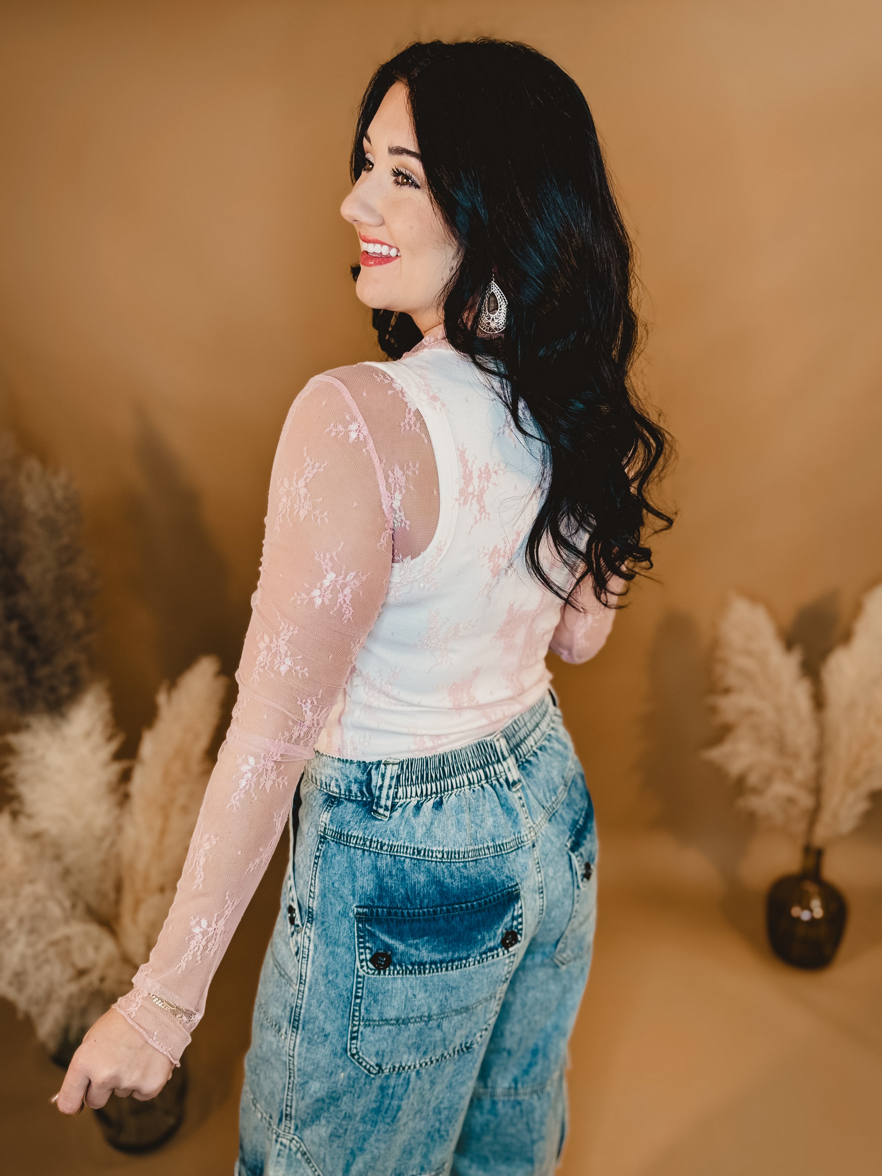 Mesh Lace High Neck Long Sleeve Top - Pink - Lace and Grace Boutique