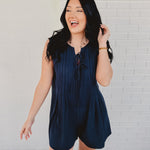 Tied Front Pleated Sleeveless Romper - Navy - Lace and Grace Boutique