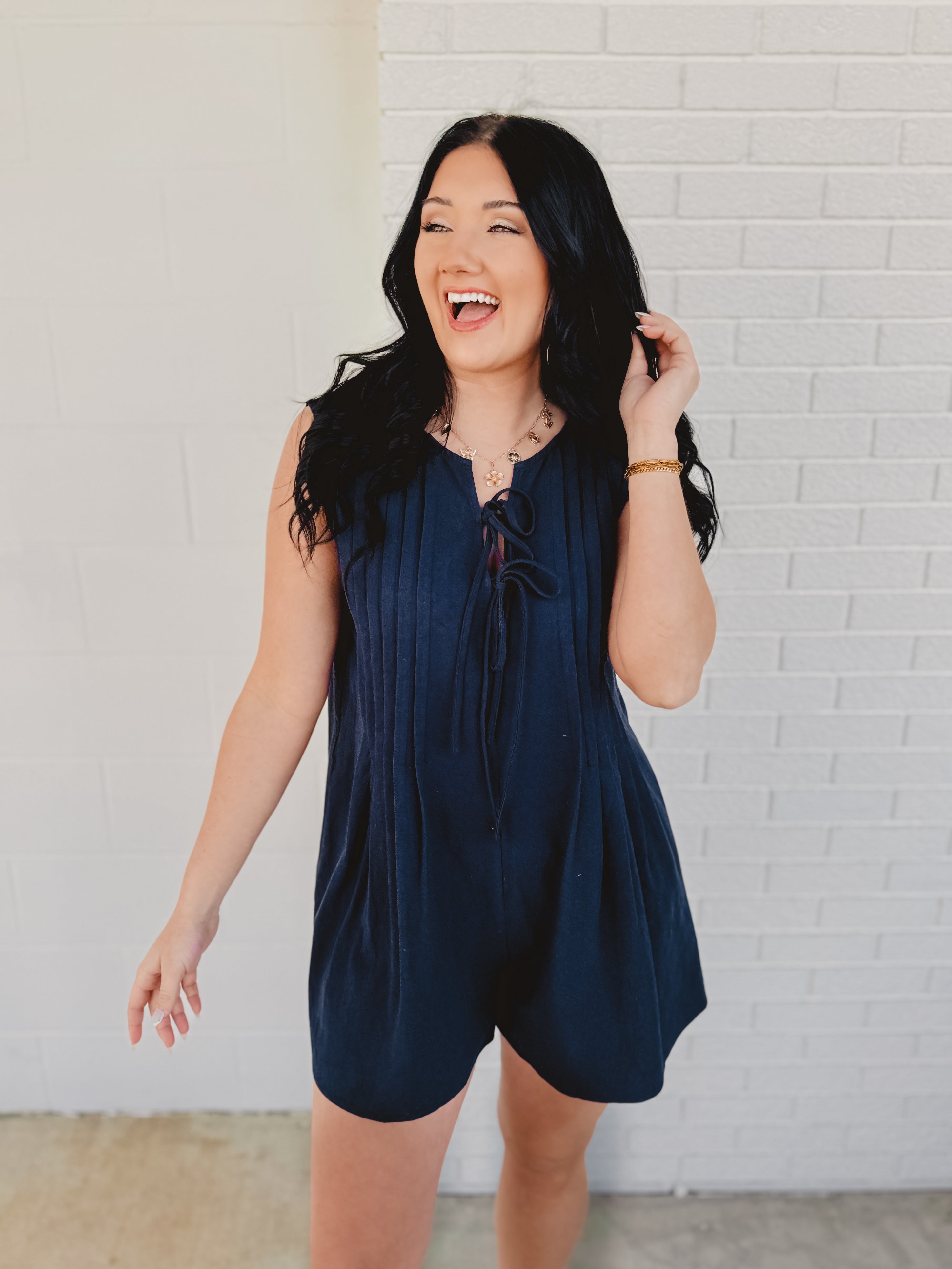 Tied Front Pleated Sleeveless Romper - Navy - Lace and Grace Boutique