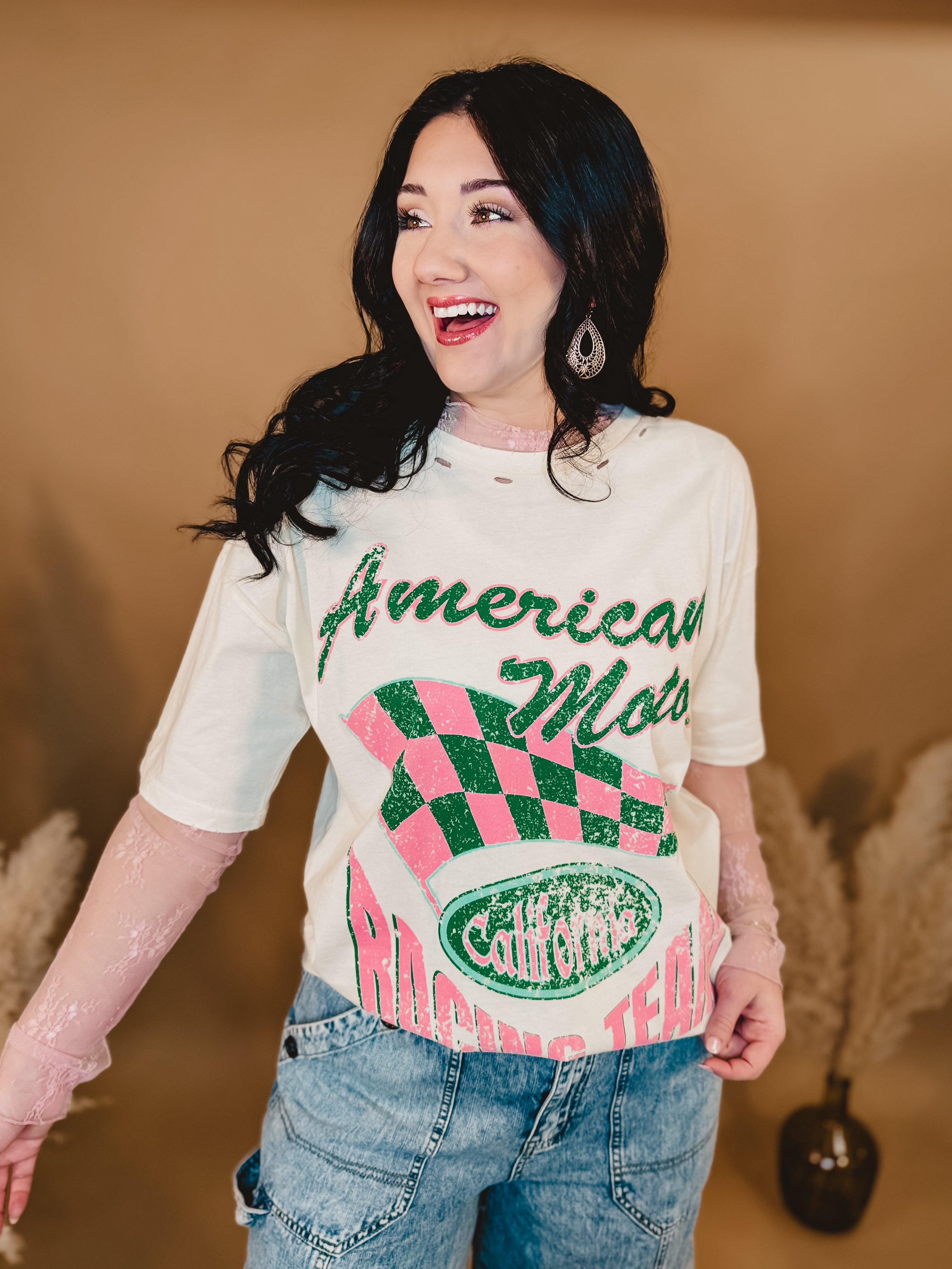American Made Racing Team Distressed Tee - Ivory - Lace and Grace Boutique