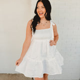Textured Jacquard Smocked Babydoll Dress - White - Lace and Grace Boutique