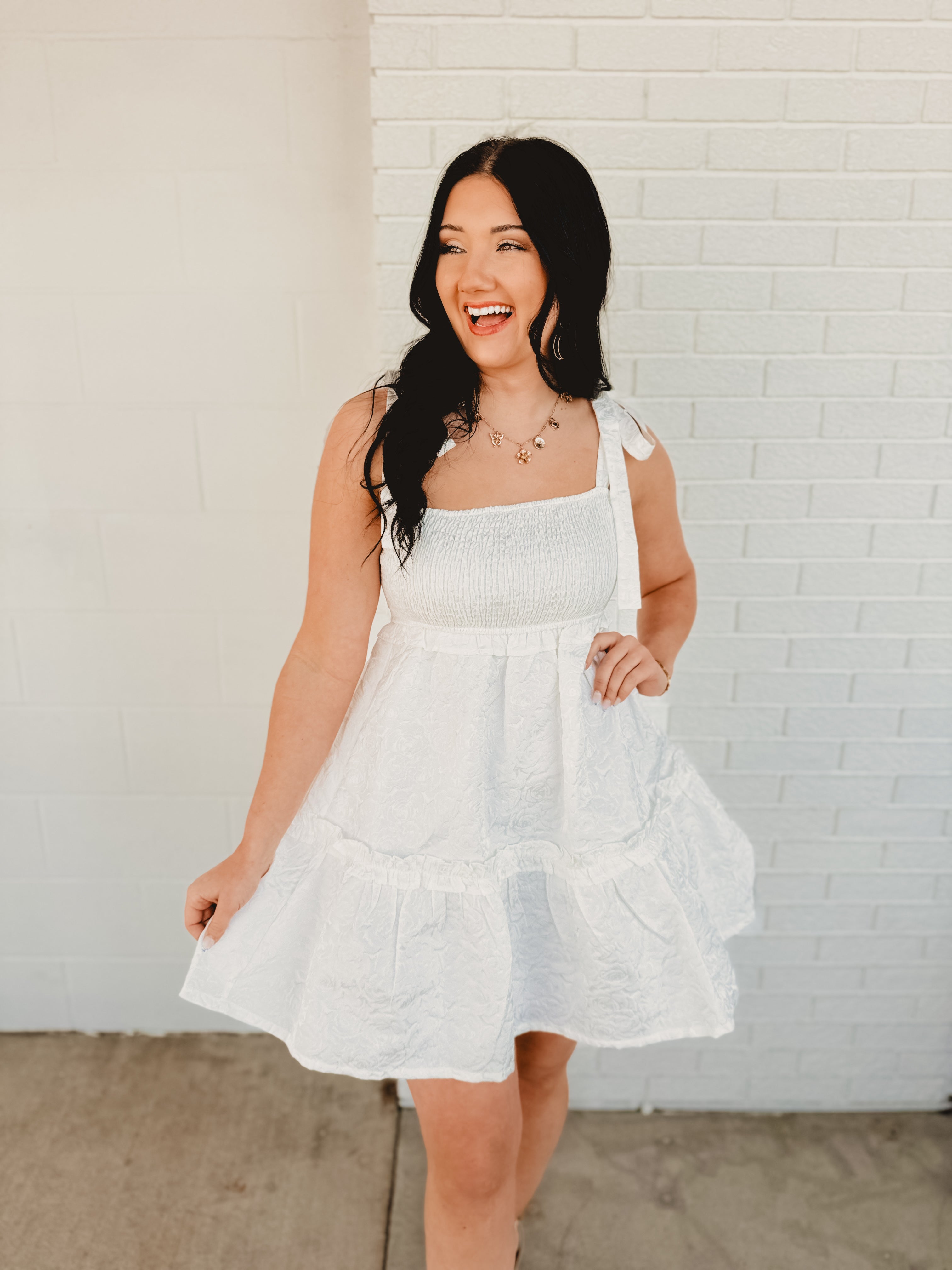 Textured Jacquard Smocked Babydoll Dress - White - Lace and Grace Boutique