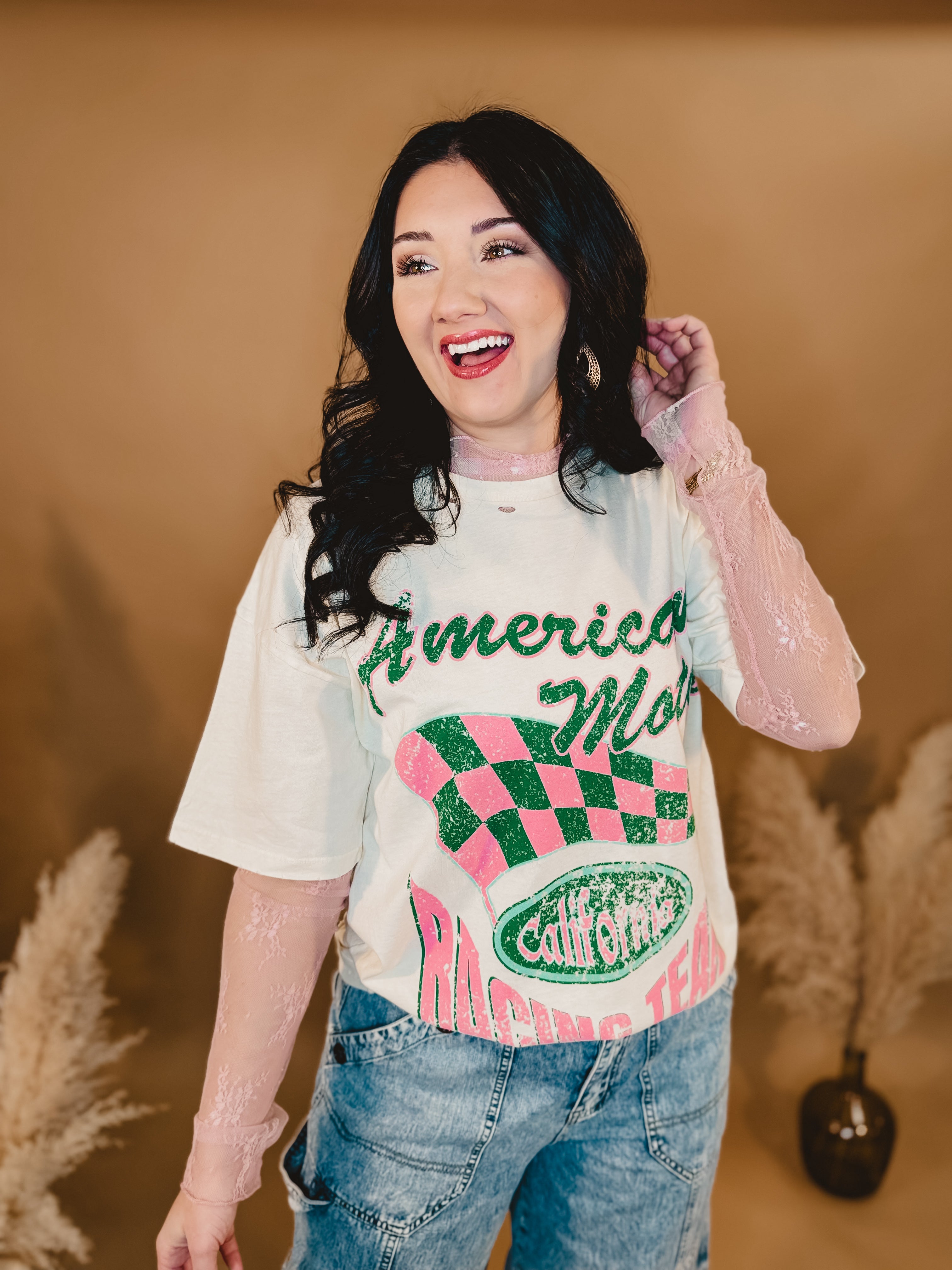 American Made Racing Team Distressed Tee - Ivory - Lace and Grace Boutique