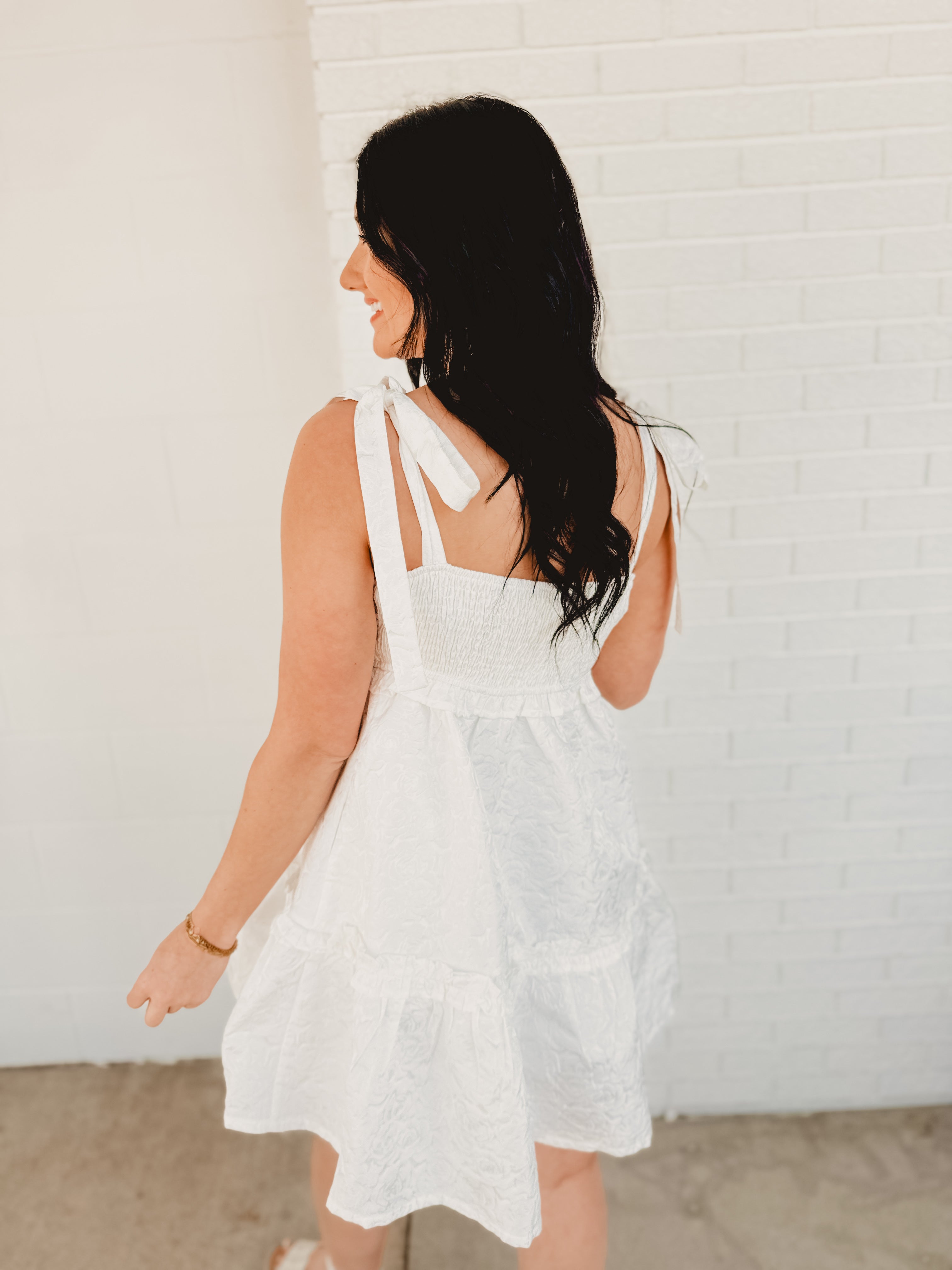 Textured Jacquard Smocked Babydoll Dress - White - Lace and Grace Boutique