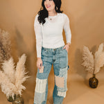 Oli & Hali Washed Patchwork Frayed Denim Jeans - Lace and Grace Boutique