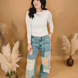 Oli & Hali Washed Patchwork Frayed Denim Jeans - Lace and Grace Boutique