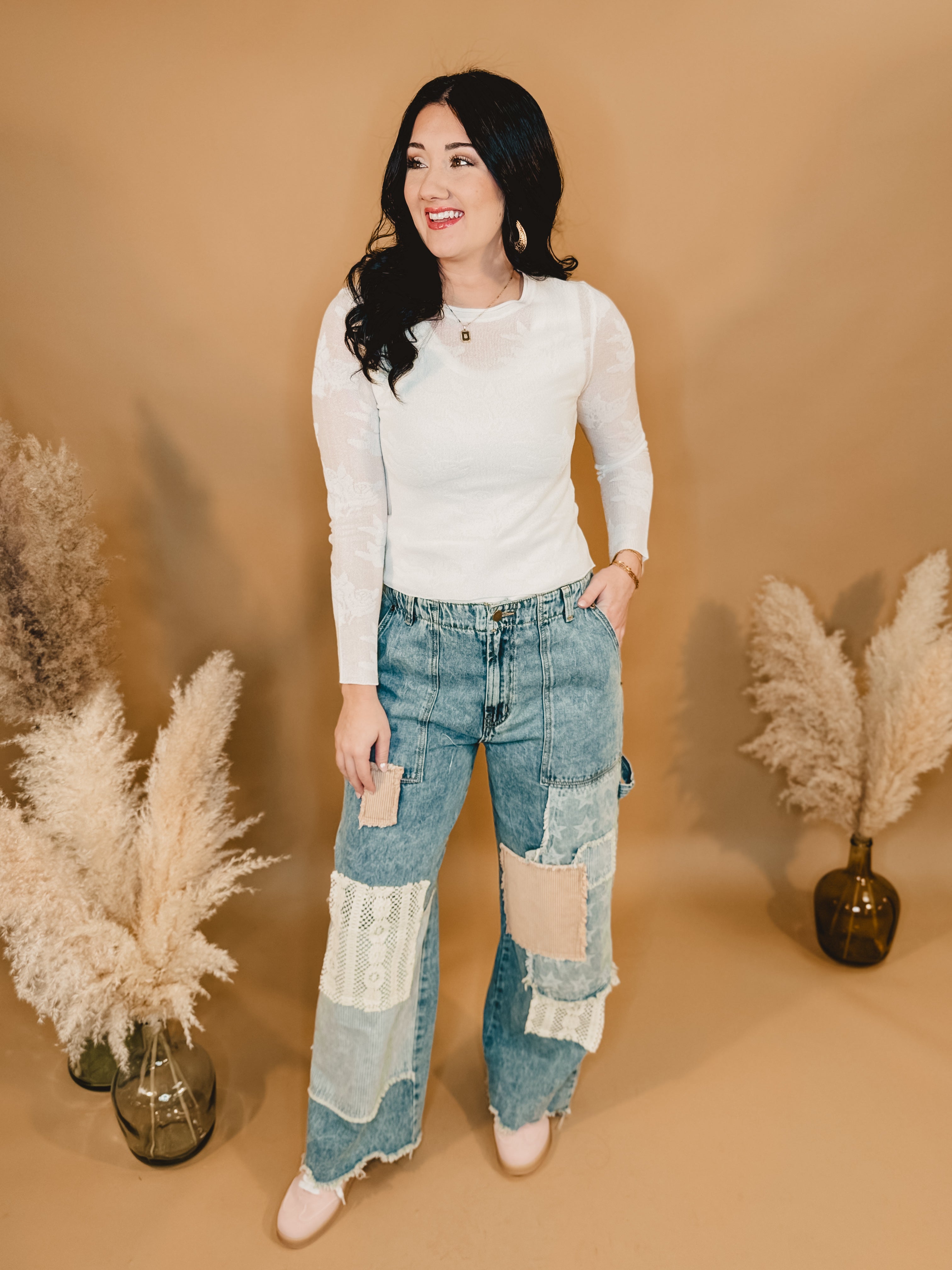 Oli & Hali Washed Patchwork Frayed Denim Jeans - Lace and Grace Boutique
