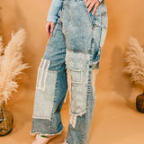 Oli & Hali Washed Patchwork Frayed Denim Jeans - Lace and Grace Boutique