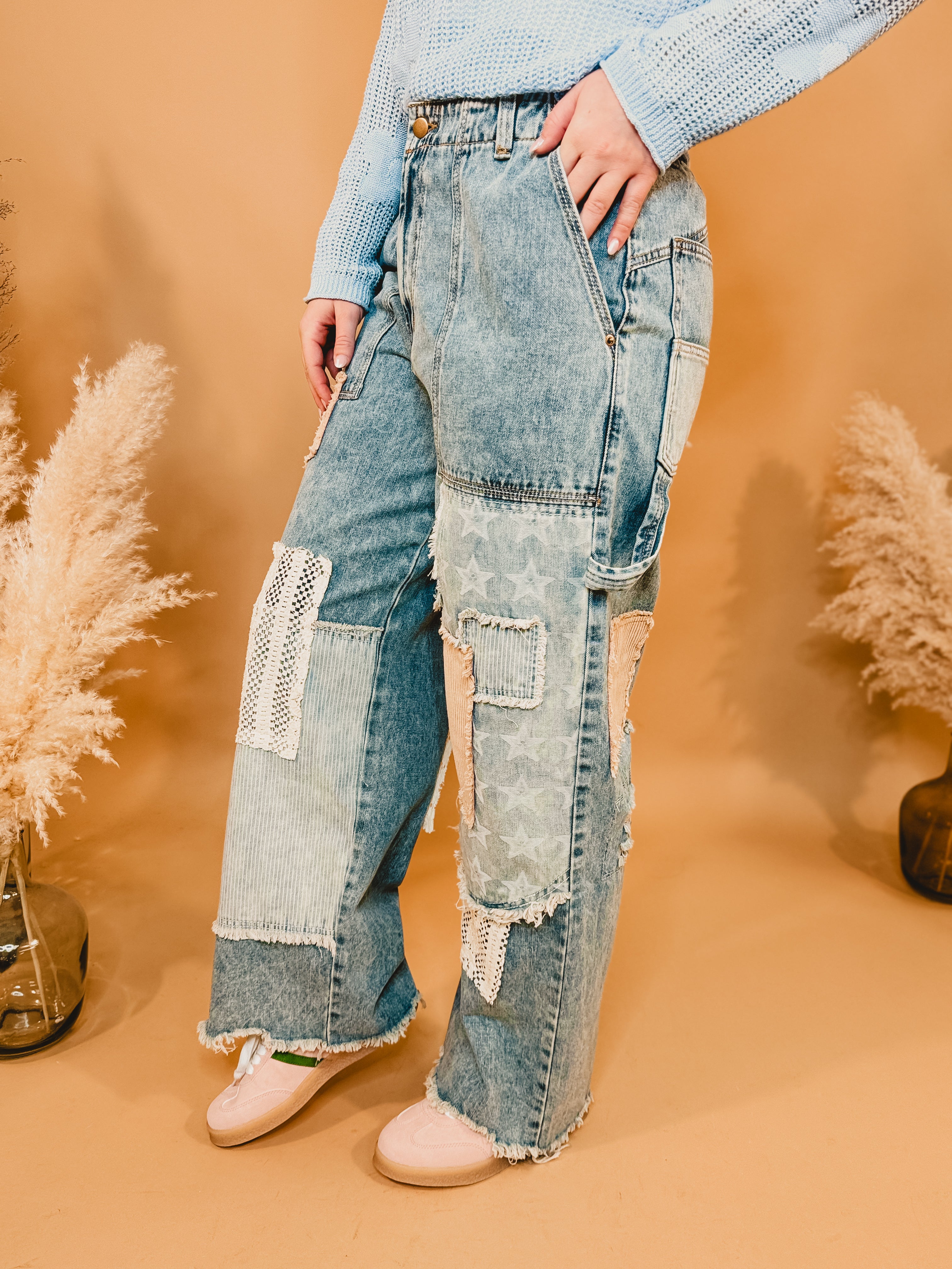 Oli & Hali Washed Patchwork Frayed Denim Jeans - Lace and Grace Boutique