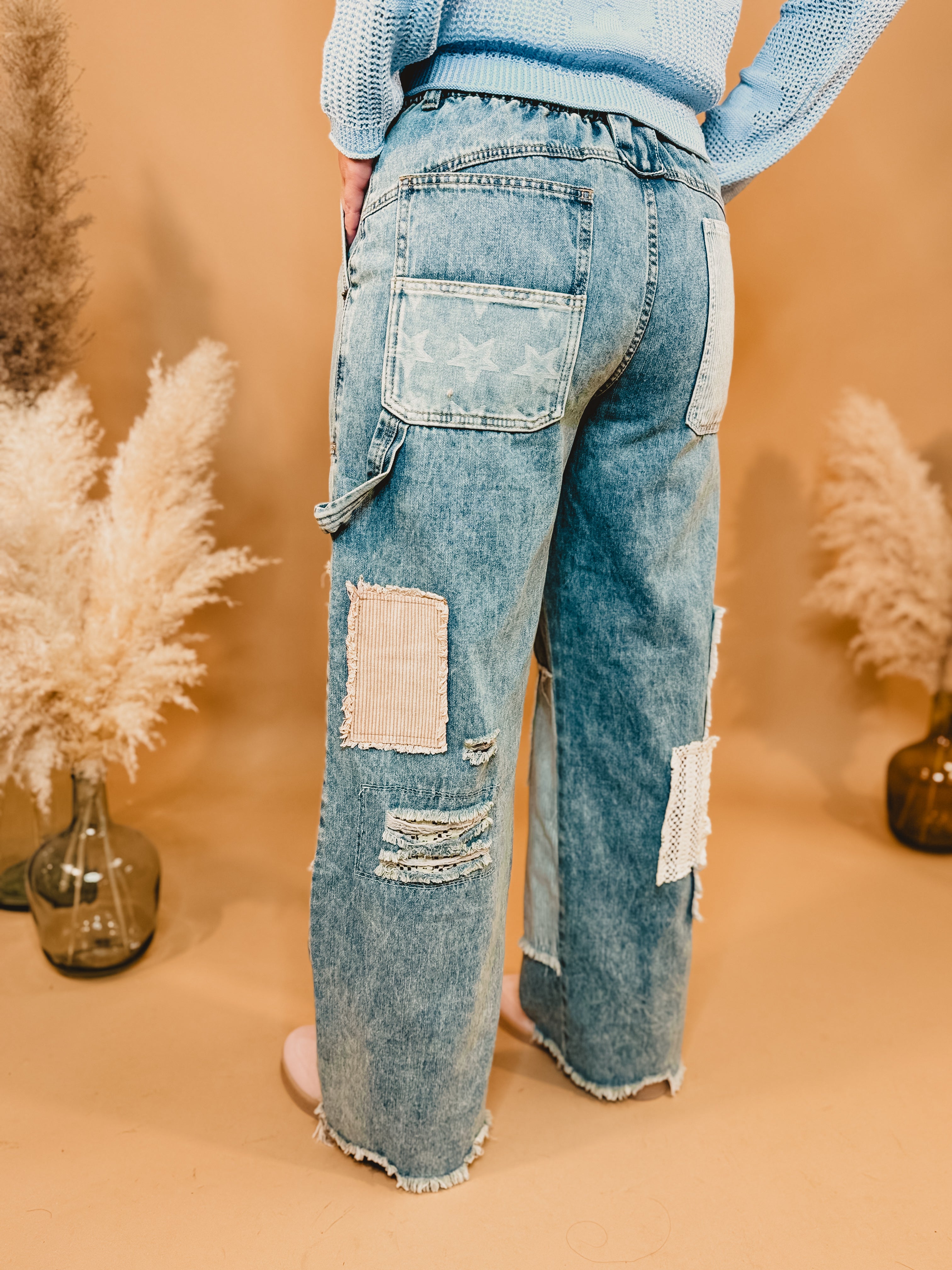 Oli & Hali Washed Patchwork Frayed Denim Jeans - Lace and Grace Boutique