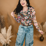 Spring Floral Sheer Mesh Long Sleeve Top - Black Multi - Lace and Grace Boutique