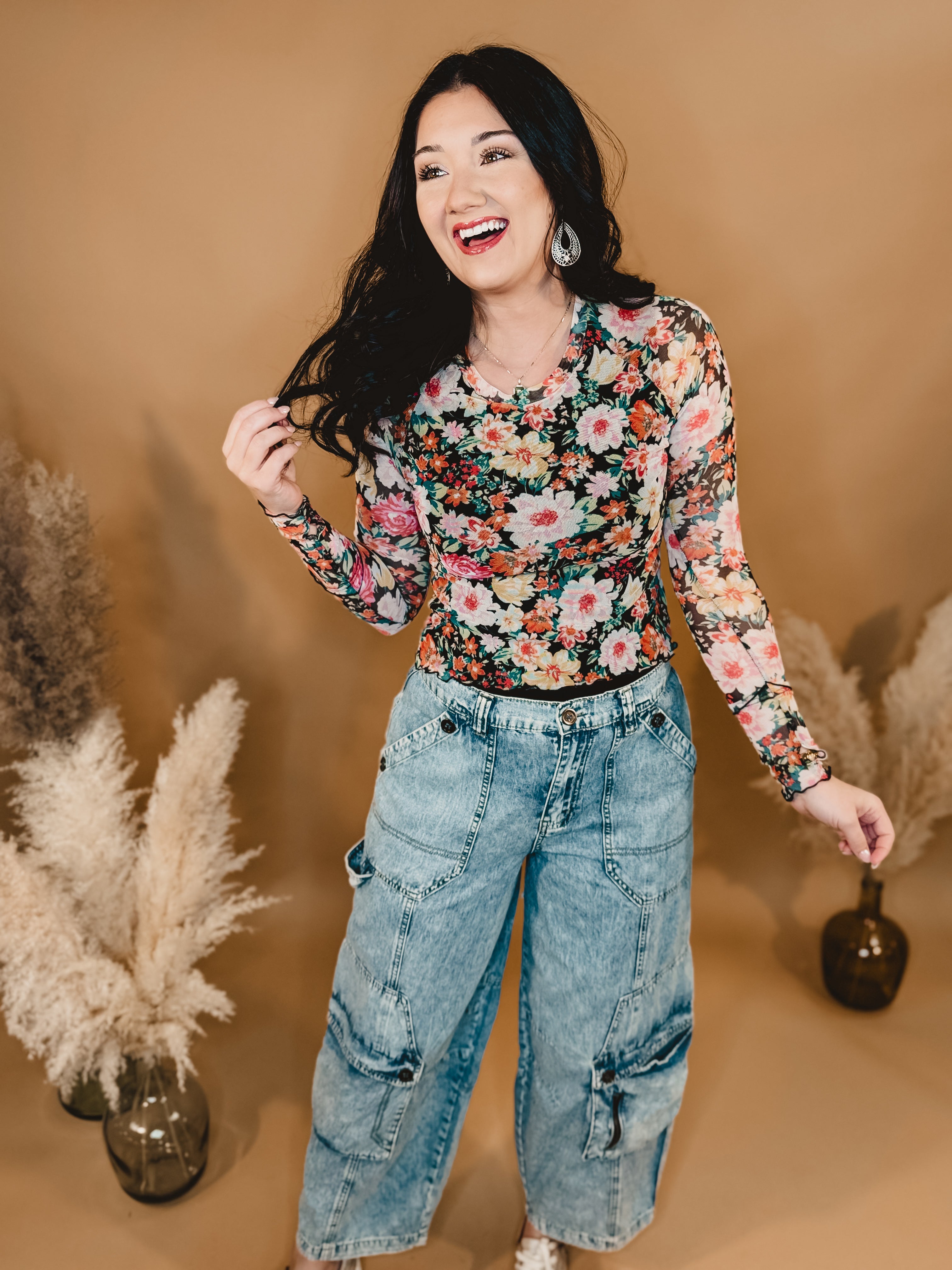 Spring Floral Sheer Mesh Long Sleeve Top - Black Multi - Lace and Grace Boutique