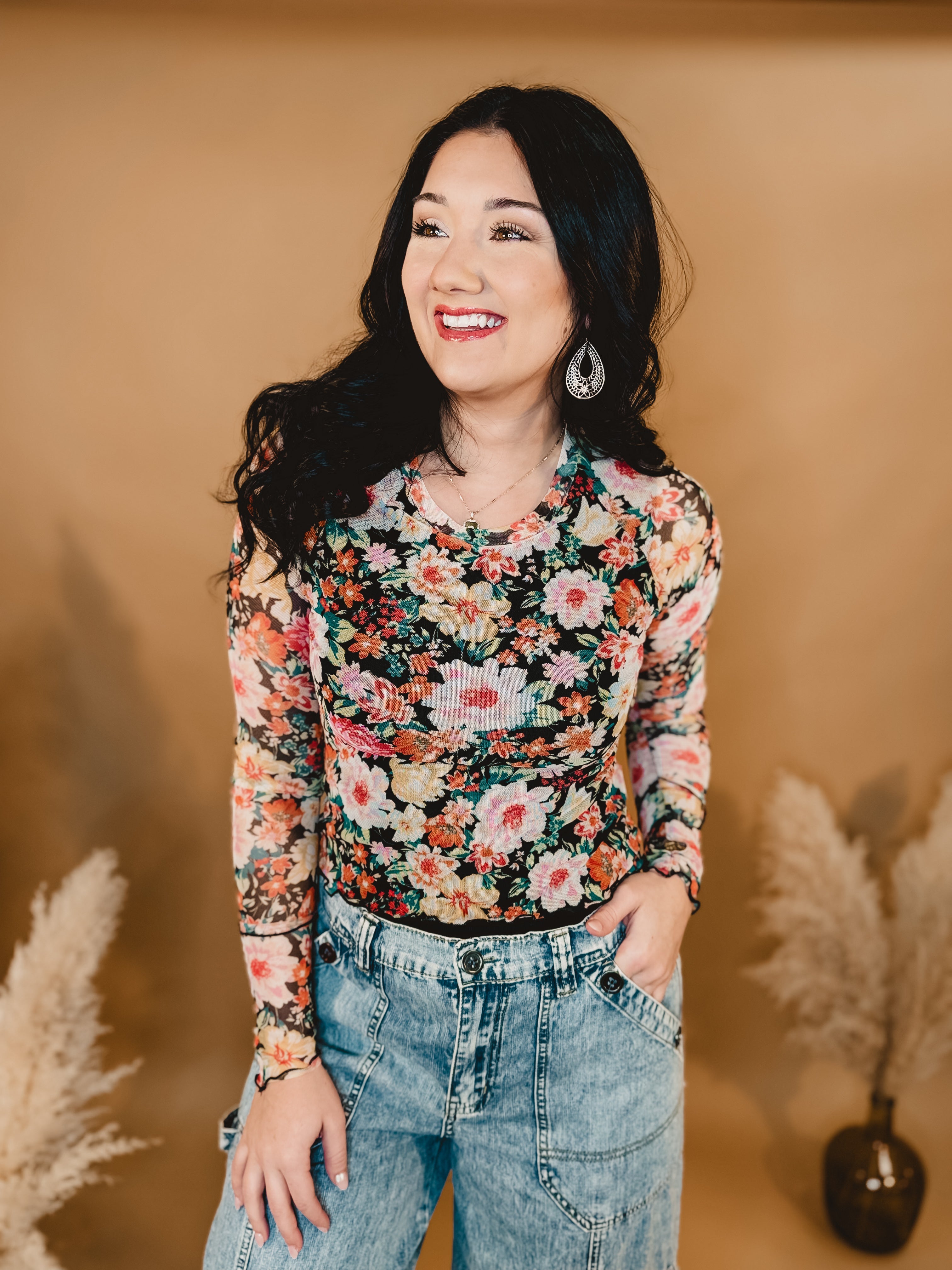 Spring Floral Sheer Mesh Long Sleeve Top - Black Multi - Lace and Grace Boutique