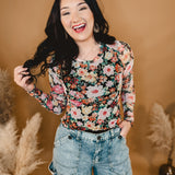 Spring Floral Sheer Mesh Long Sleeve Top - Black Multi - Lace and Grace Boutique