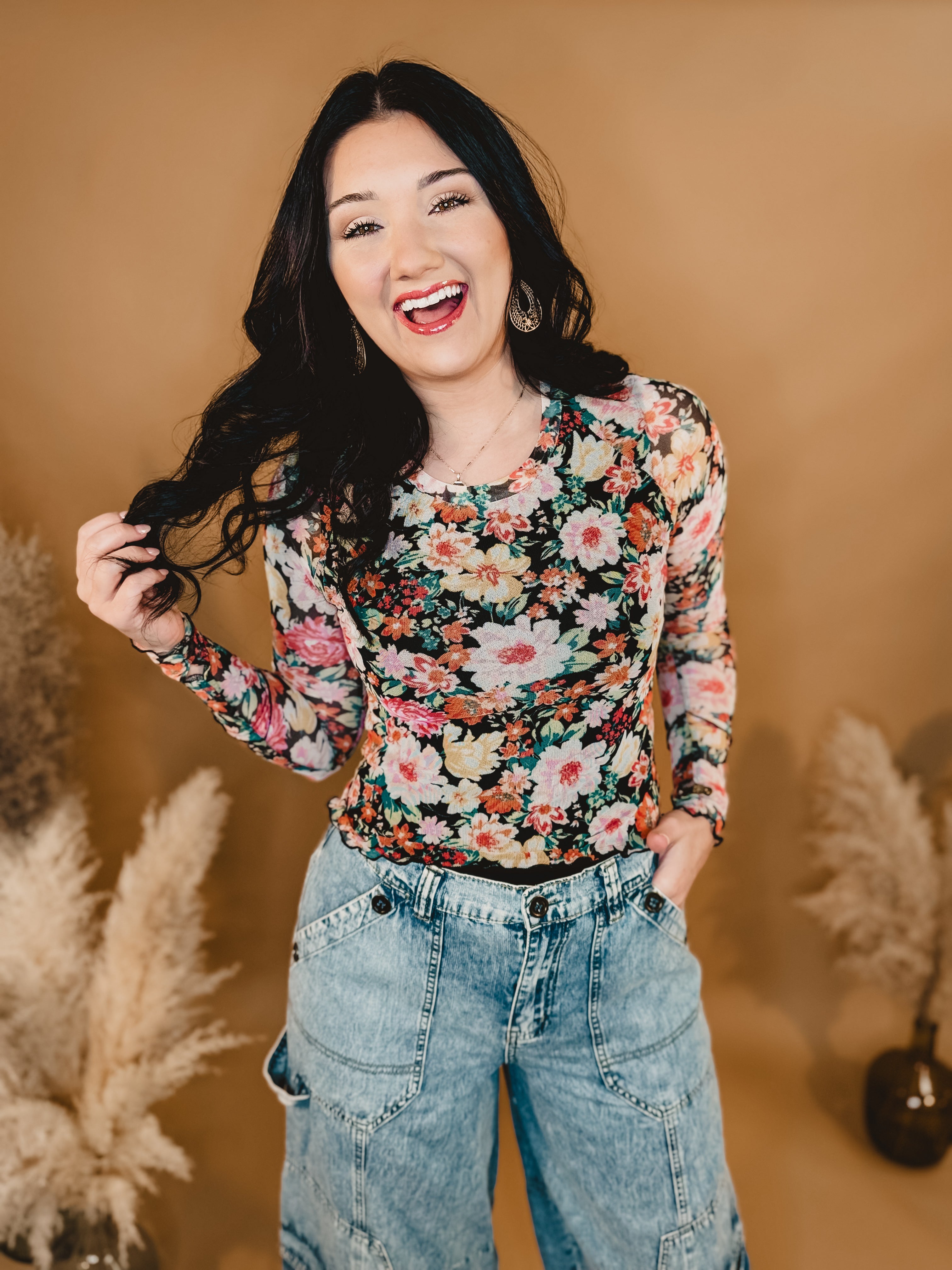 Spring Floral Sheer Mesh Long Sleeve Top - Black Multi - Lace and Grace Boutique