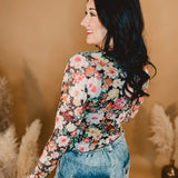 Spring Floral Sheer Mesh Long Sleeve Top - Black Multi - Lace and Grace Boutique