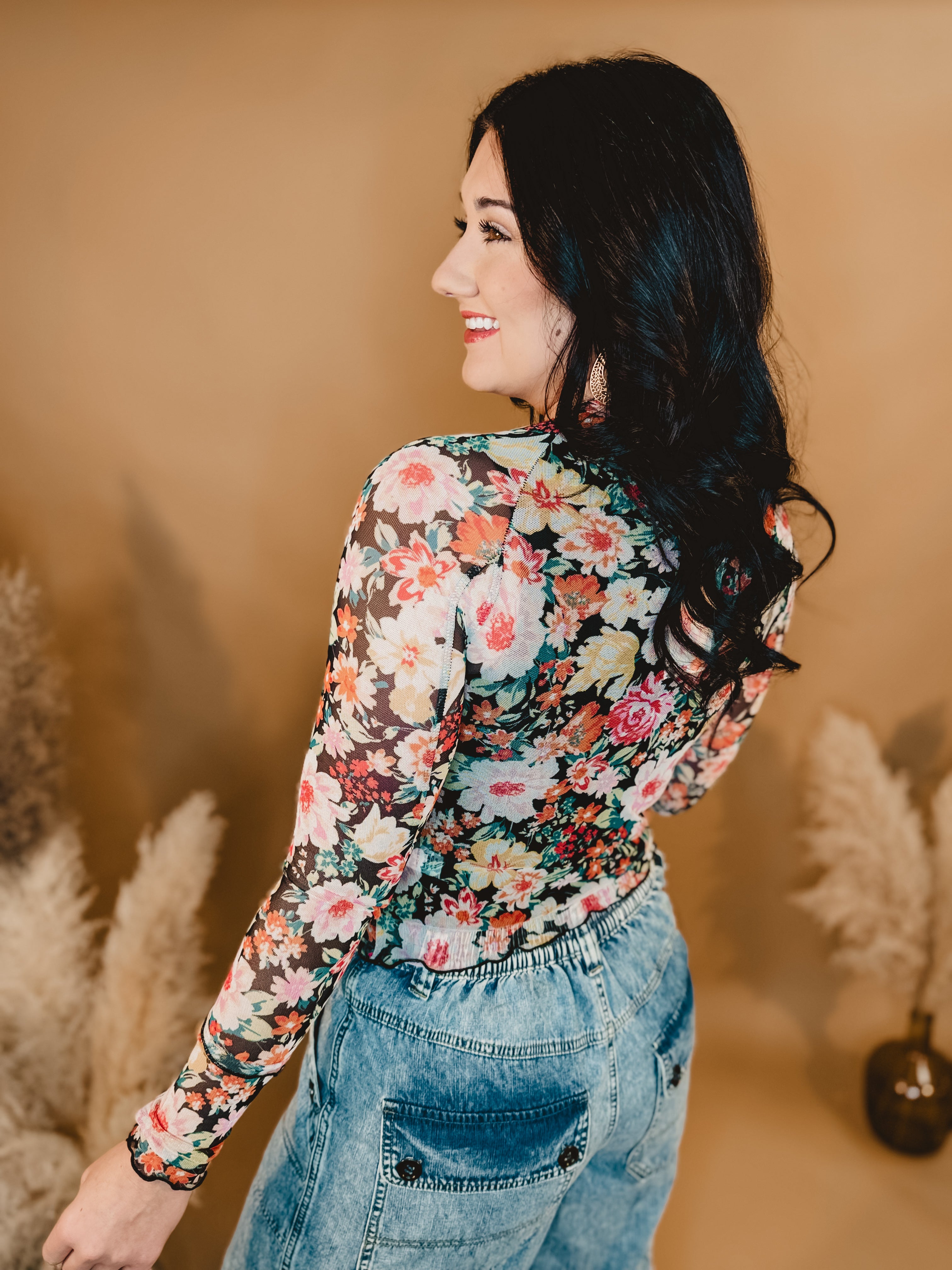 Spring Floral Sheer Mesh Long Sleeve Top - Black Multi - Lace and Grace Boutique
