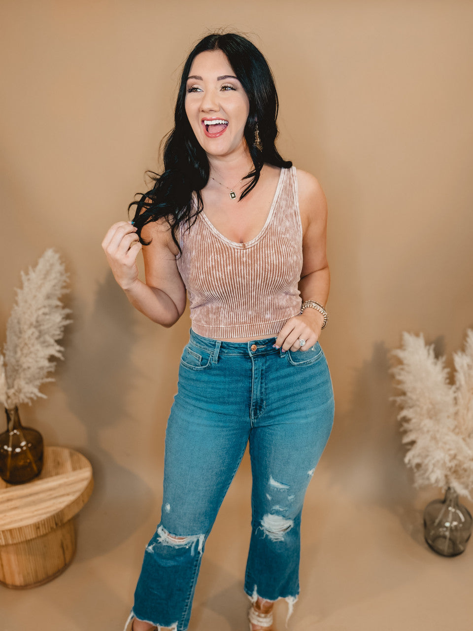 Coming Back V-Neck Cropped Tank - Deep Camel - Lace and Grace Boutique