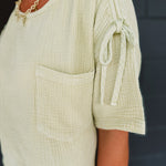 Ruched Shoulder Tie Gauze Top - Light Sage - Lace and Grace Boutique