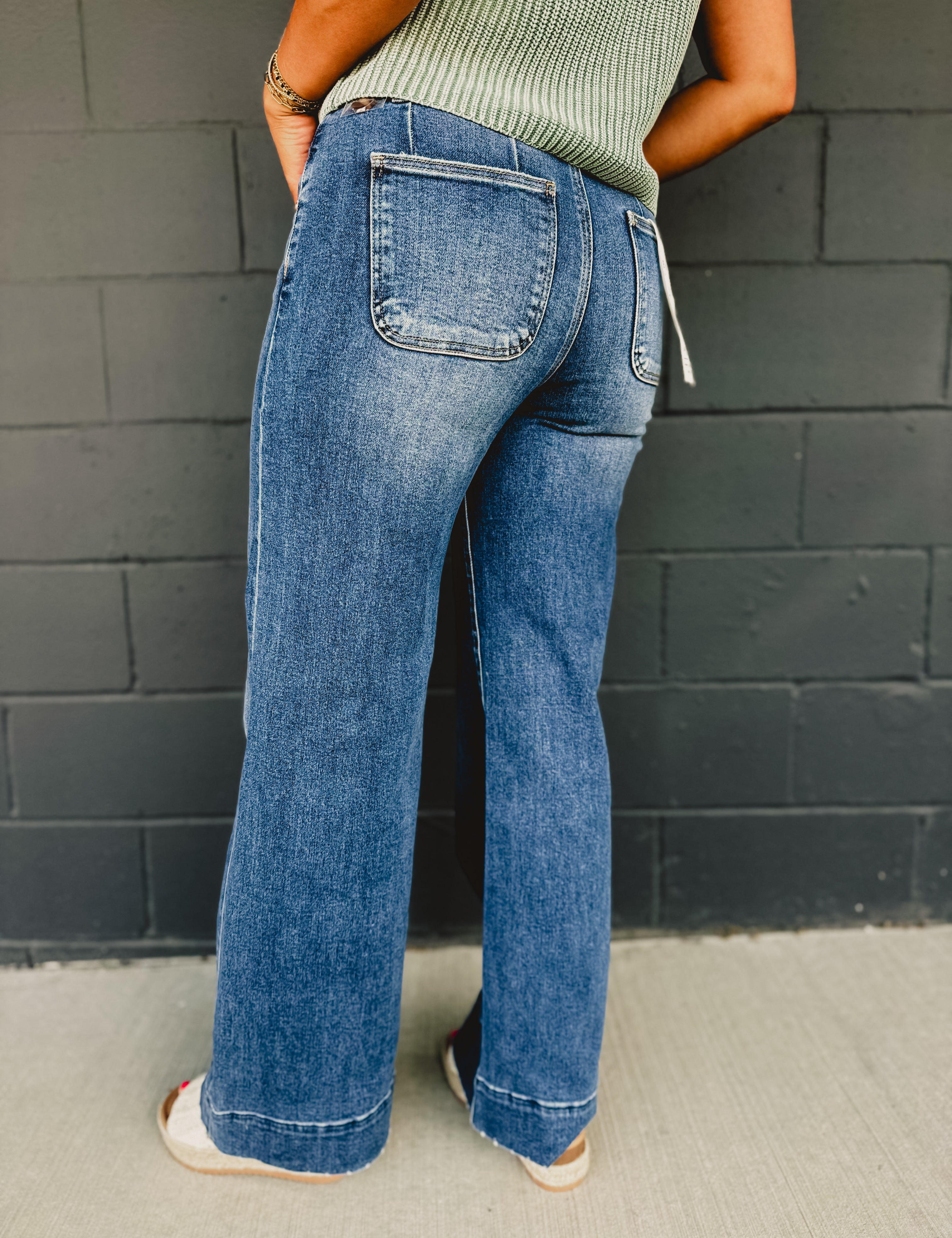 Risen High Rise Two Button Wide Leg Jean - Dark - Lace and Grace Boutique