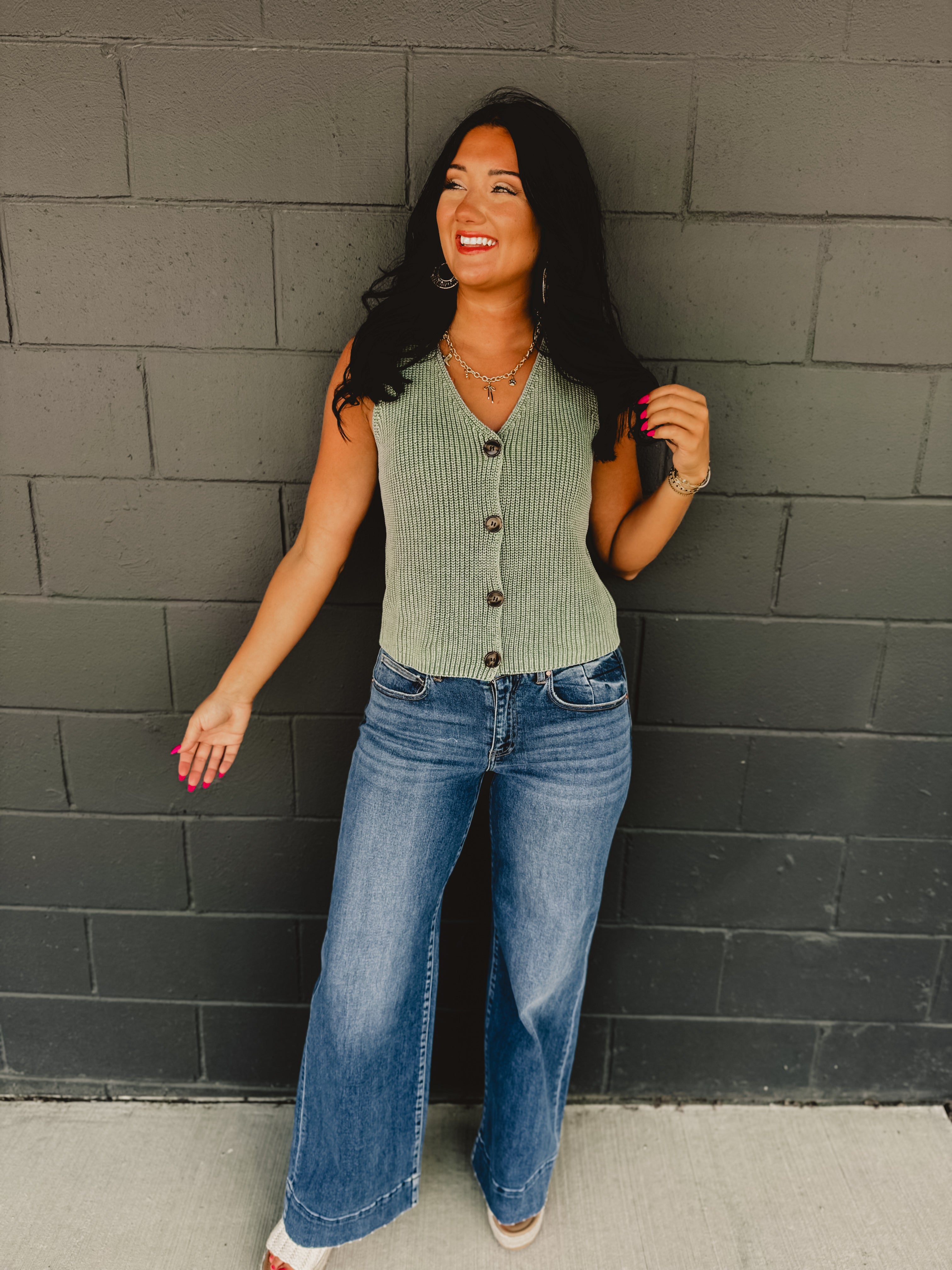 Button Up Sleeveless Sweater Vest - Forest - Lace and Grace Boutique