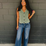 Risen High Rise Two Button Wide Leg Jean - Dark - Lace and Grace Boutique