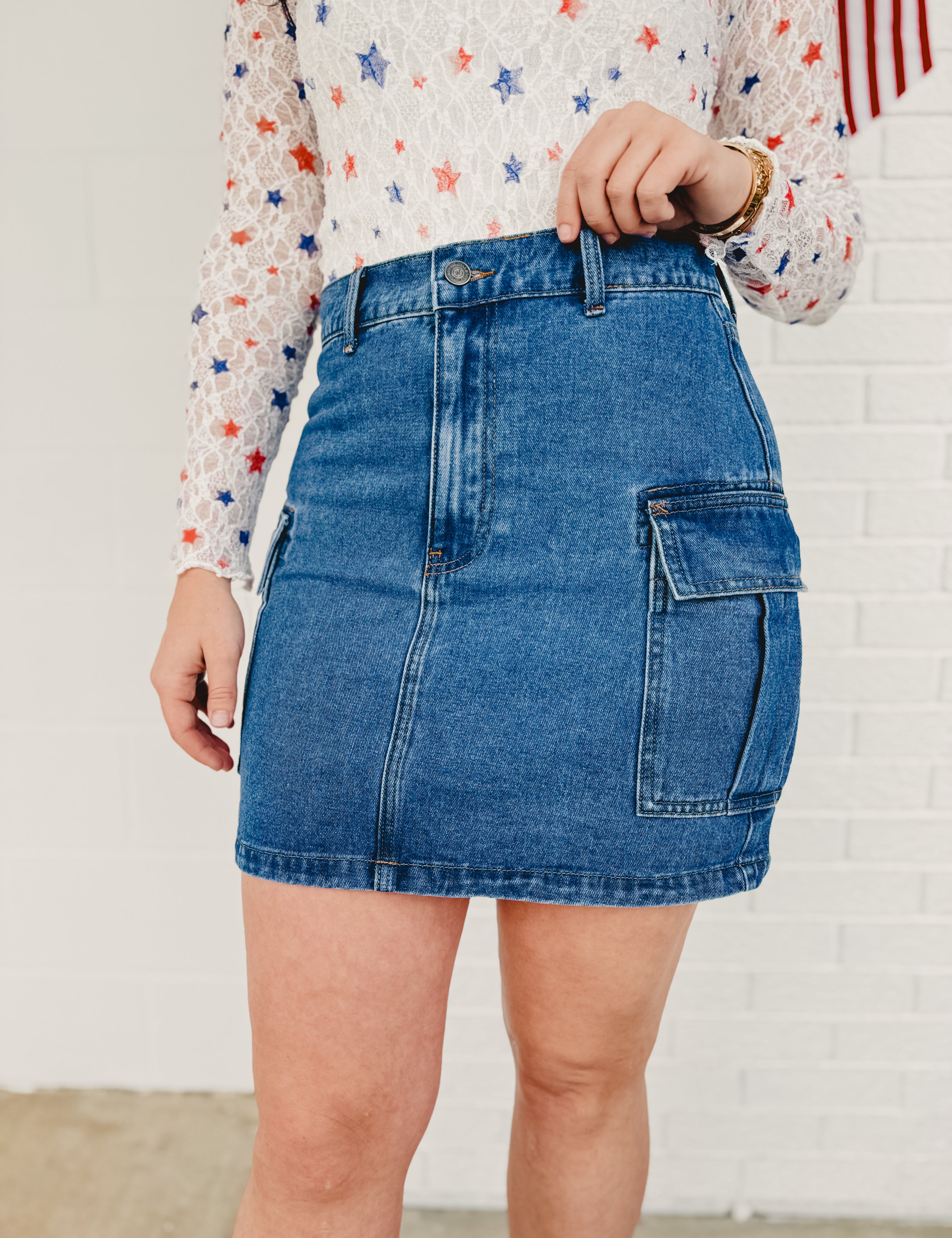 Cargo Mini Denim Skirt - Medium Wash - Lace and Grace Boutique