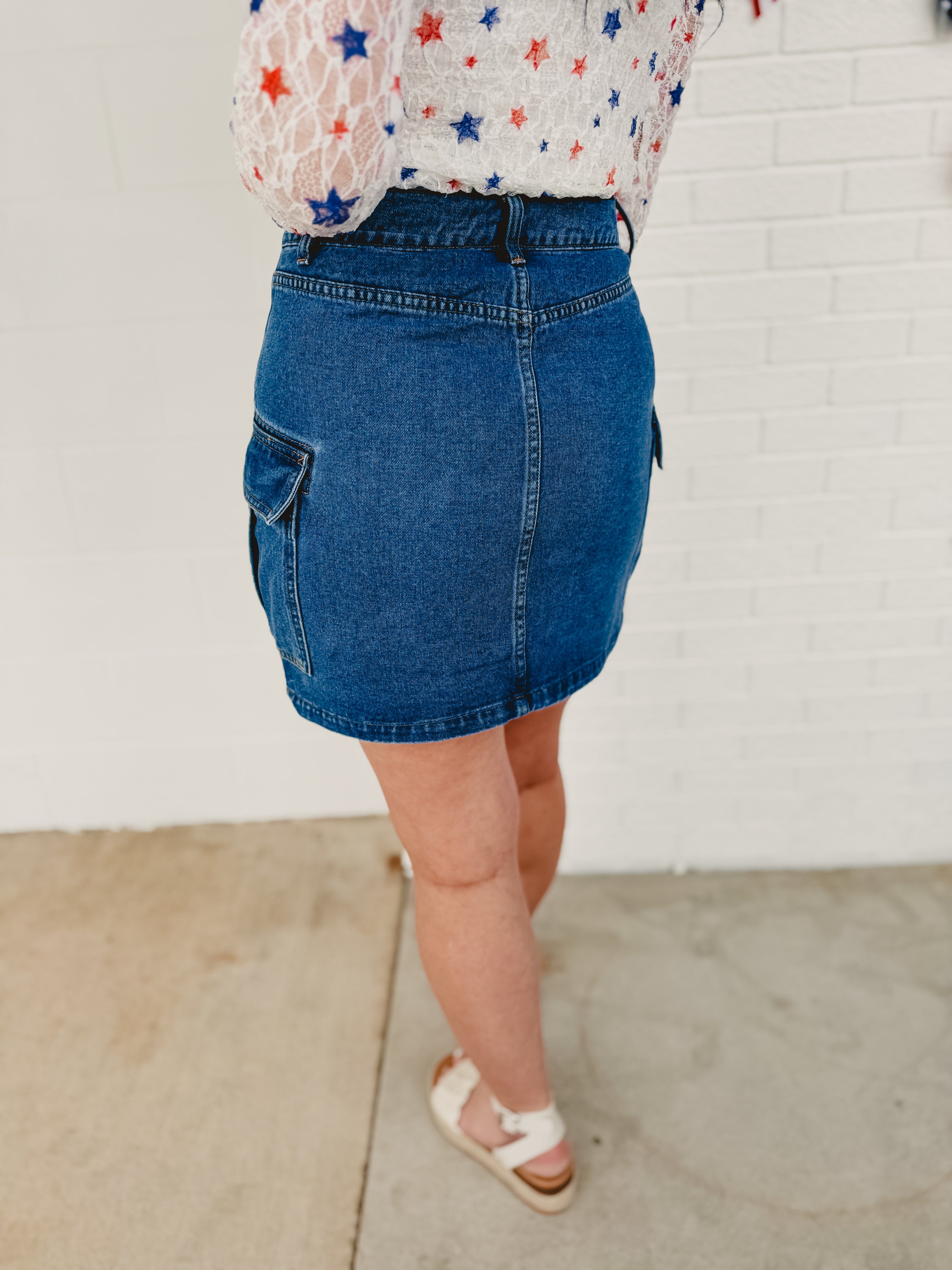 Cargo Mini Denim Skirt - Medium Wash - Lace and Grace Boutique