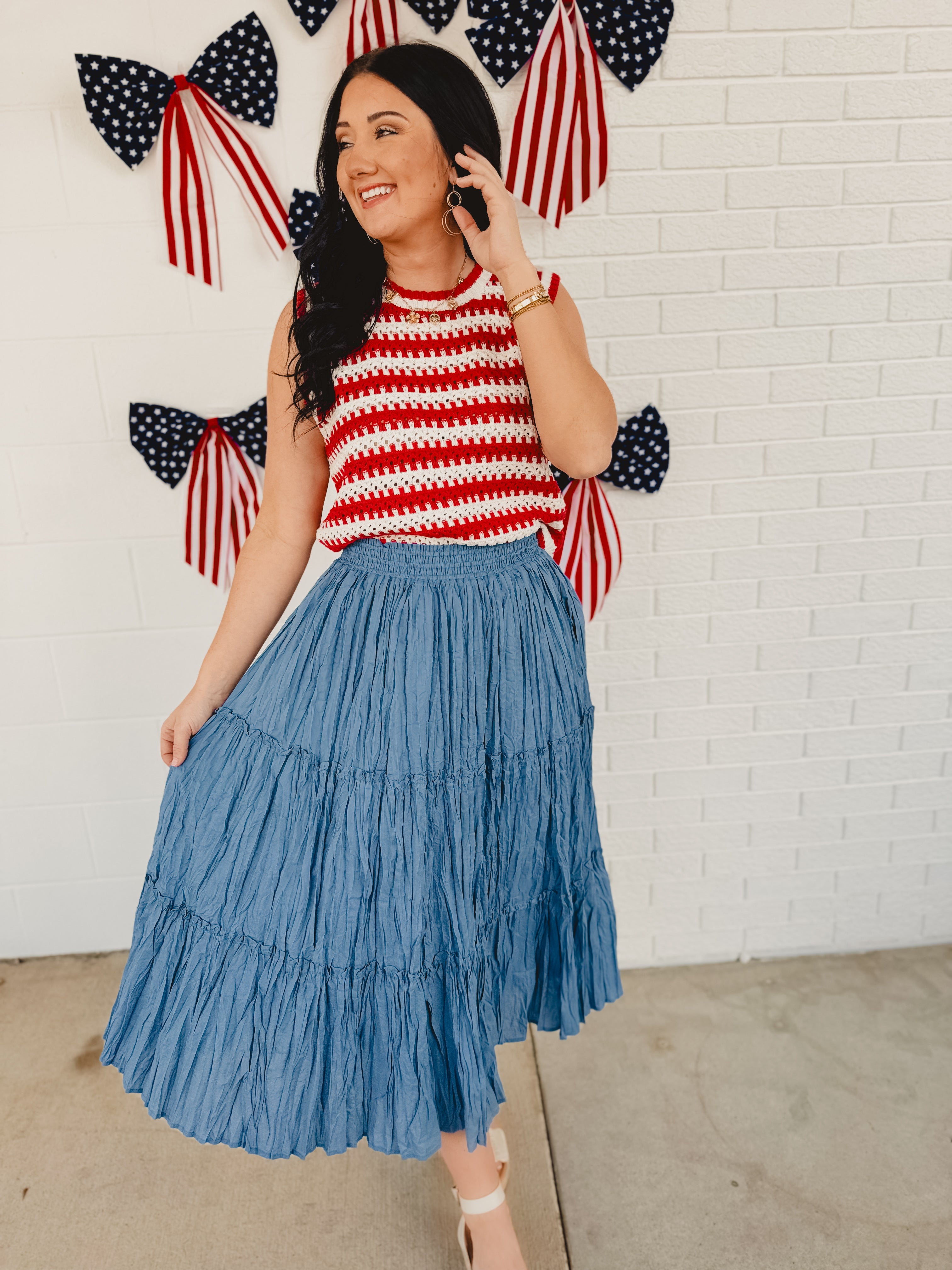 Crinkle Tiered Midi Skirt - Dusty Blue - Lace and Grace Boutique