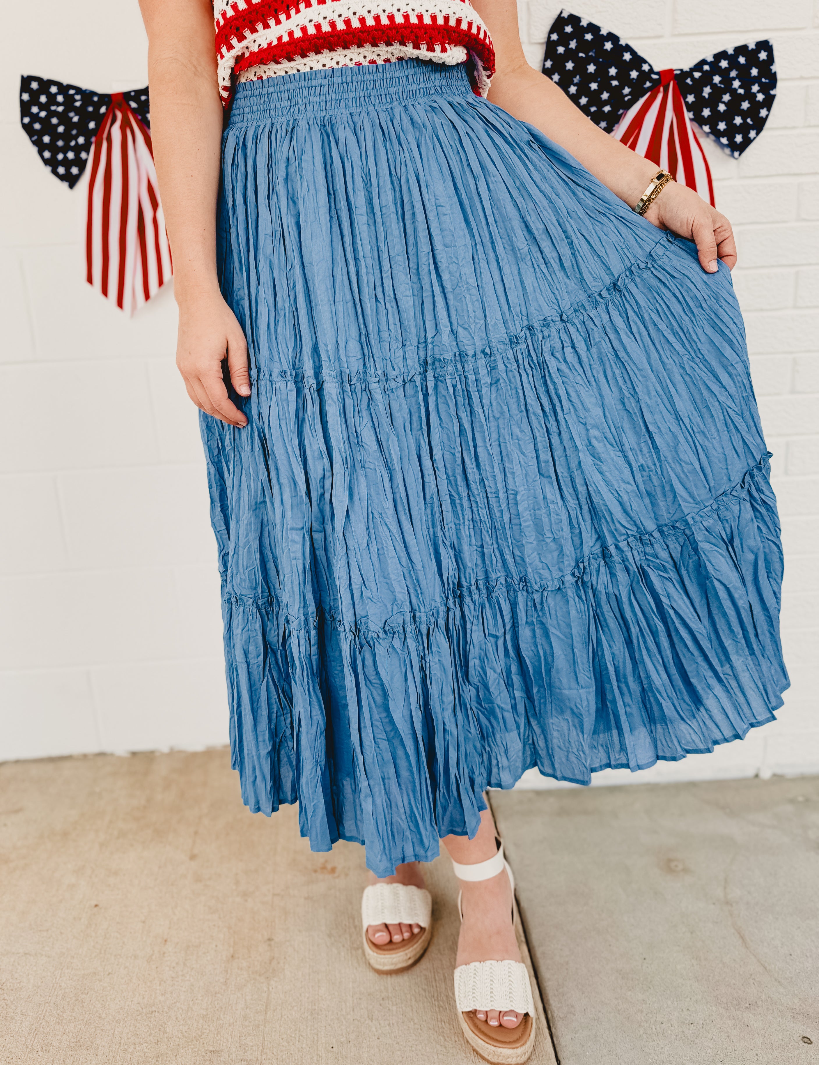 Crinkle Tiered Midi Skirt - Dusty Blue - Lace and Grace Boutique