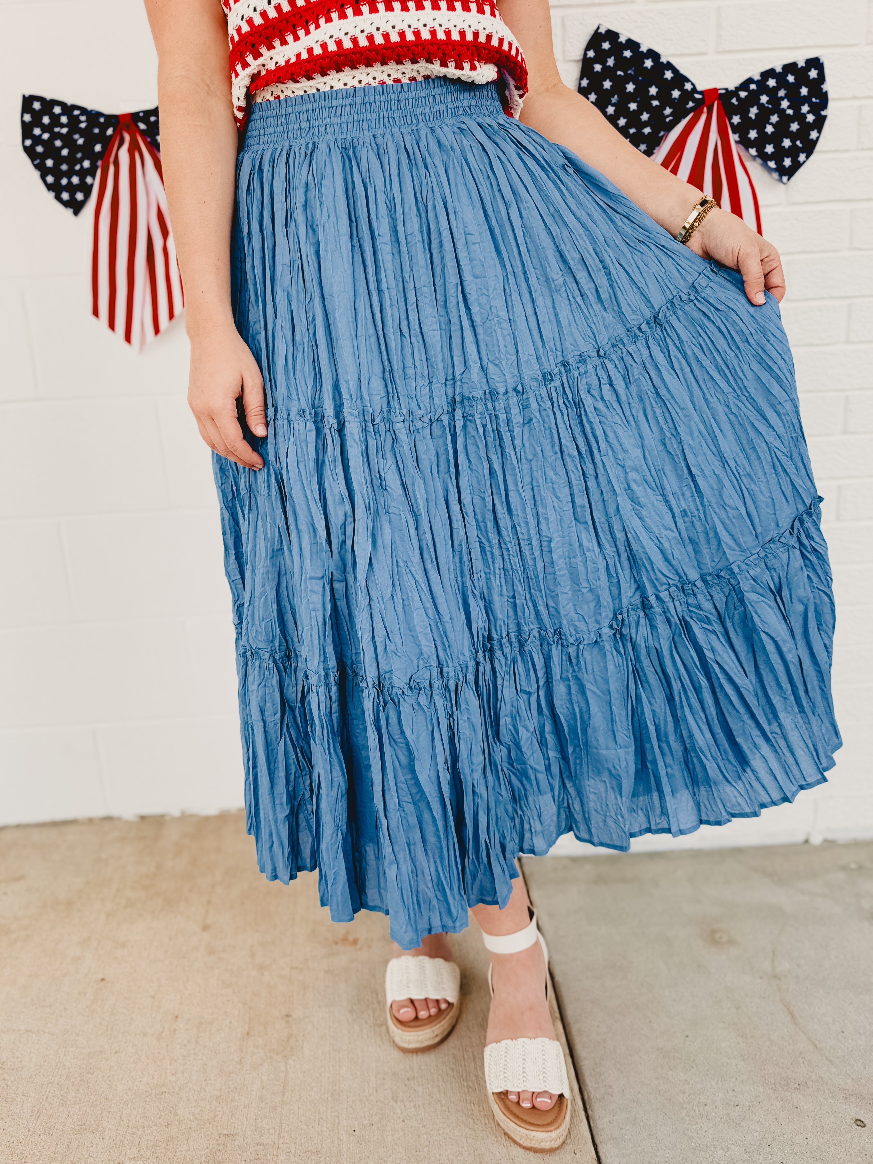 Crinkle Tiered Midi Skirt - Dusty Blue - Lace and Grace Boutique