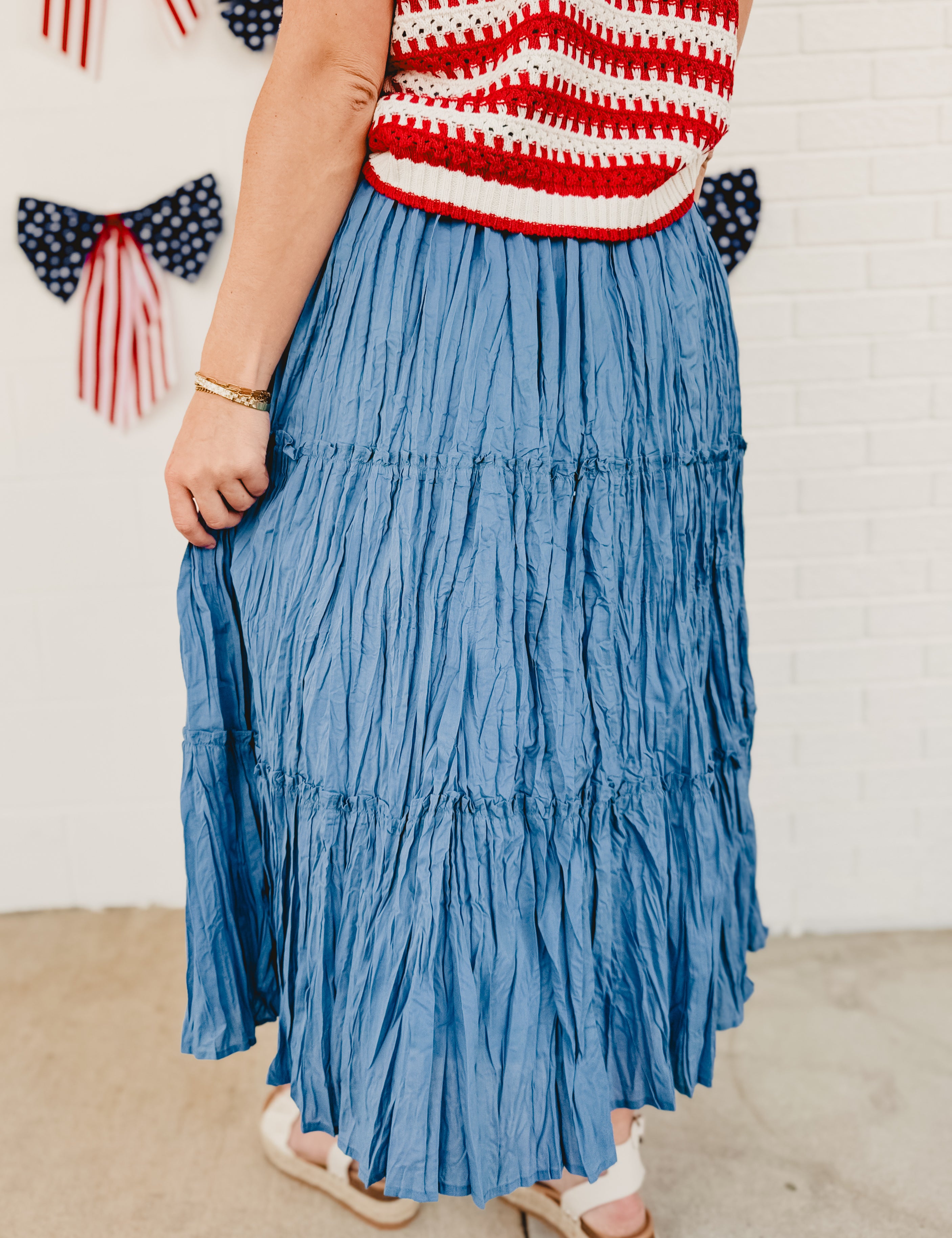 Crinkle Tiered Midi Skirt - Dusty Blue - Lace and Grace Boutique
