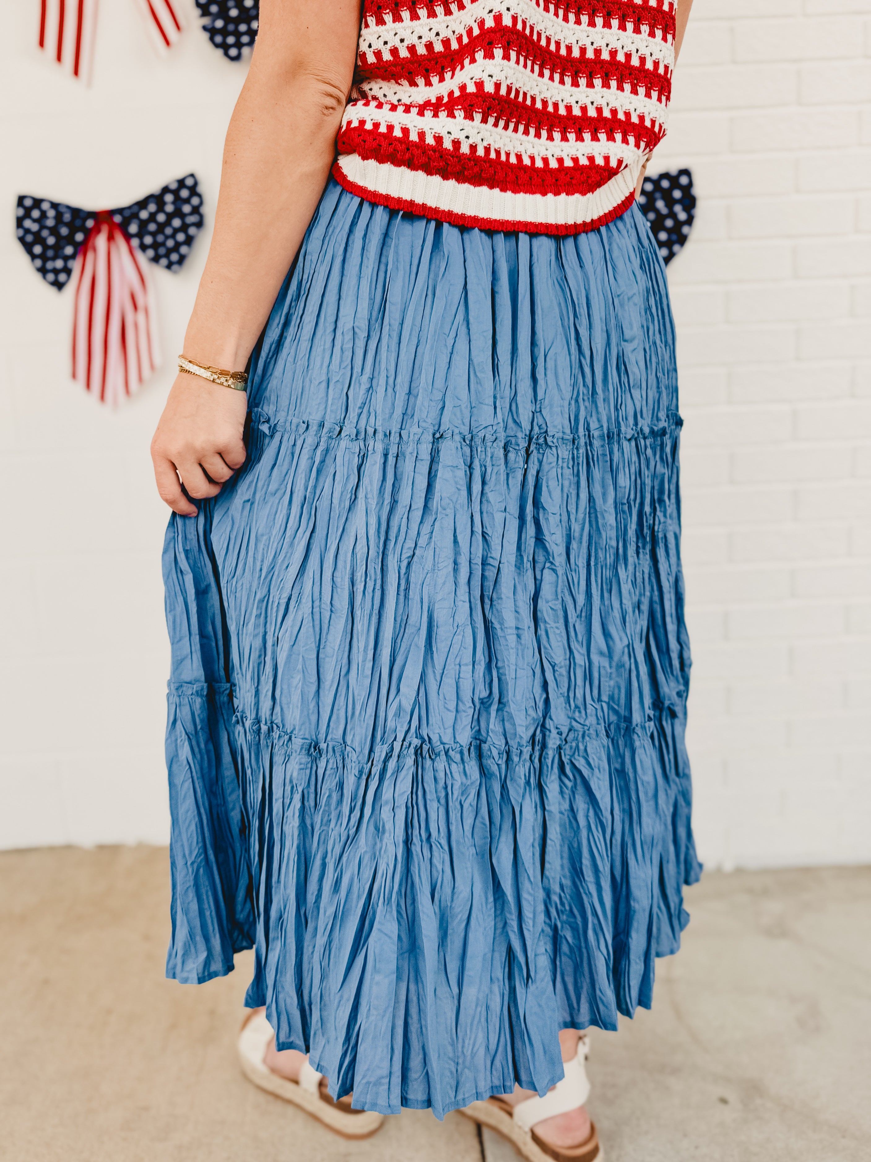Crinkle Tiered Midi Skirt - Dusty Blue - Lace and Grace Boutique