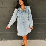 Light Denim Button Down Long Sleeve Dress - Lace and Grace Boutique